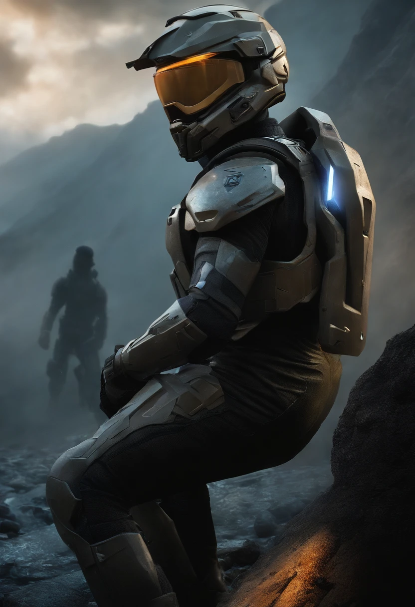 There's a man wearing a helmet and a wetsuit, cinematic static frame, Edgar Maxence e Ross Tran, Rosto Fechado - Para cima, soldado futurista, filme ainda de um cansado, Directed by: Pierre Laffillé, militar, sem capacete, macho com halo, shattered earth, Chappie, cor corrigida