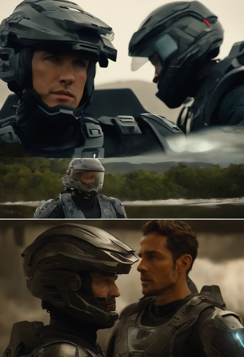 There's a man wearing a helmet and a wetsuit, cinematic static frame, Edgar Maxence e Ross Tran, Rosto Fechado - Para cima, soldado futurista, filme ainda de um cansado, Directed by: Pierre Laffillé, militar, sem capacete, macho com halo, shattered earth, Chappie, cor corrigida