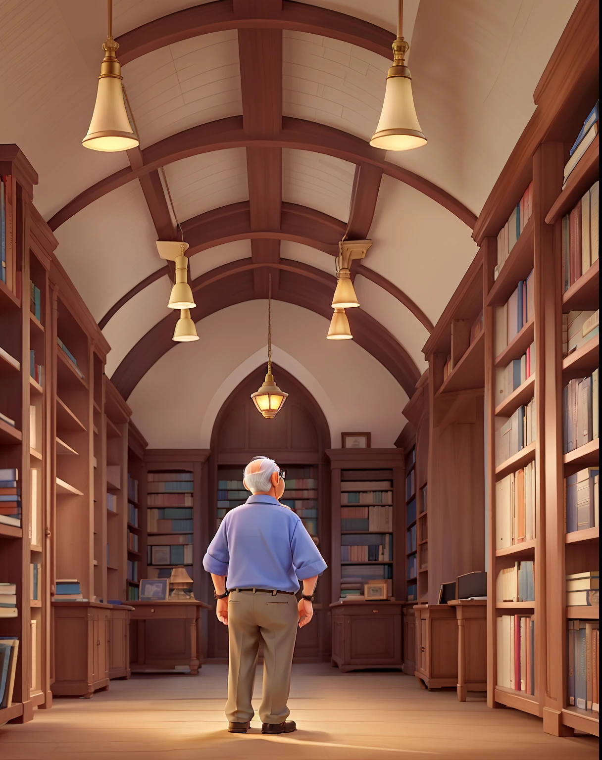A wise old man standing in front, illuminated by the light of a lamp, against the backdrop of a library