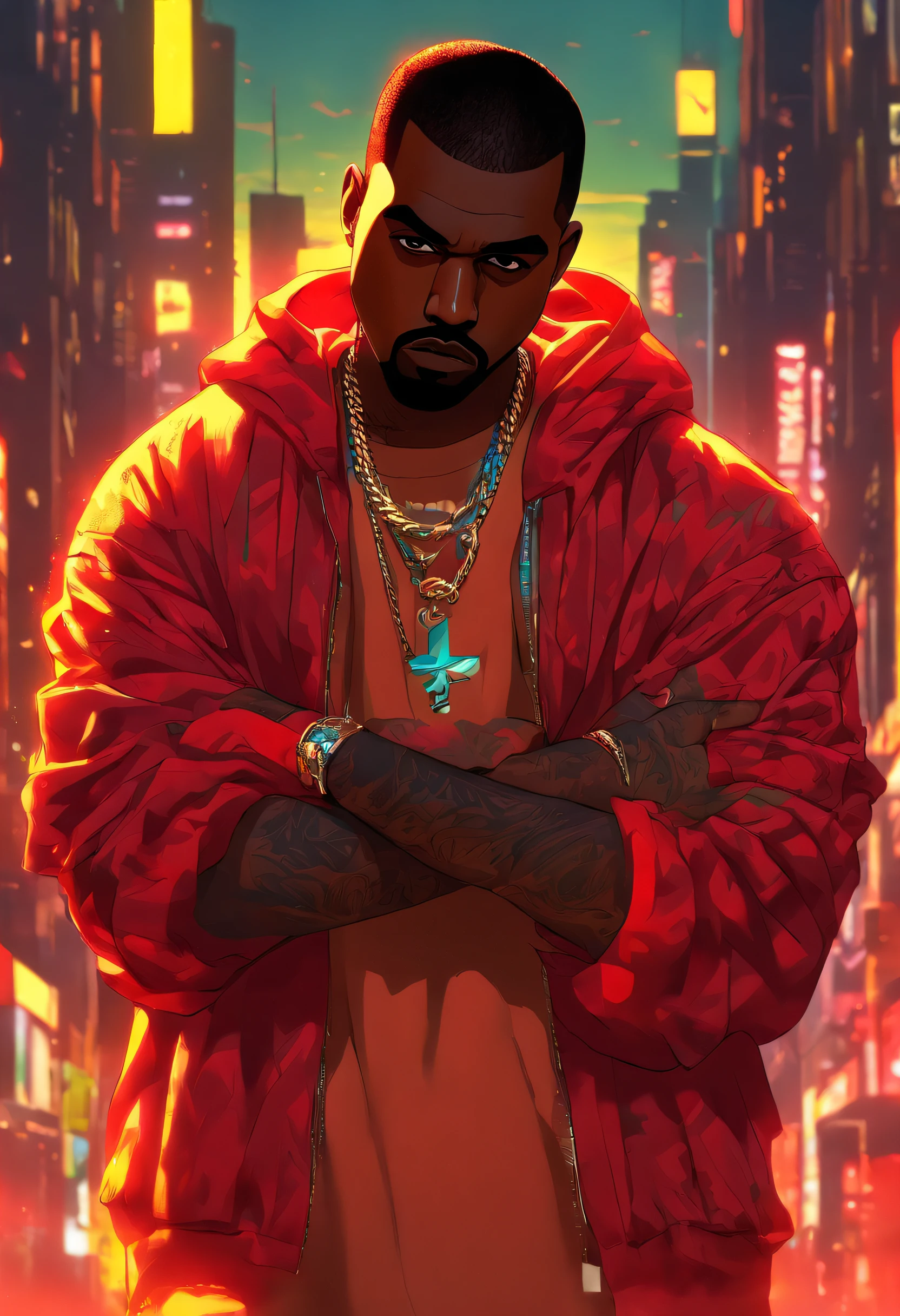 kanye west , cabelo vermelho, cavanhaque vermelho, jaqueta vermelha, folded arms , estilo hip hop, estilo gta 5,chain in the neck. cenario cidade de los santos.