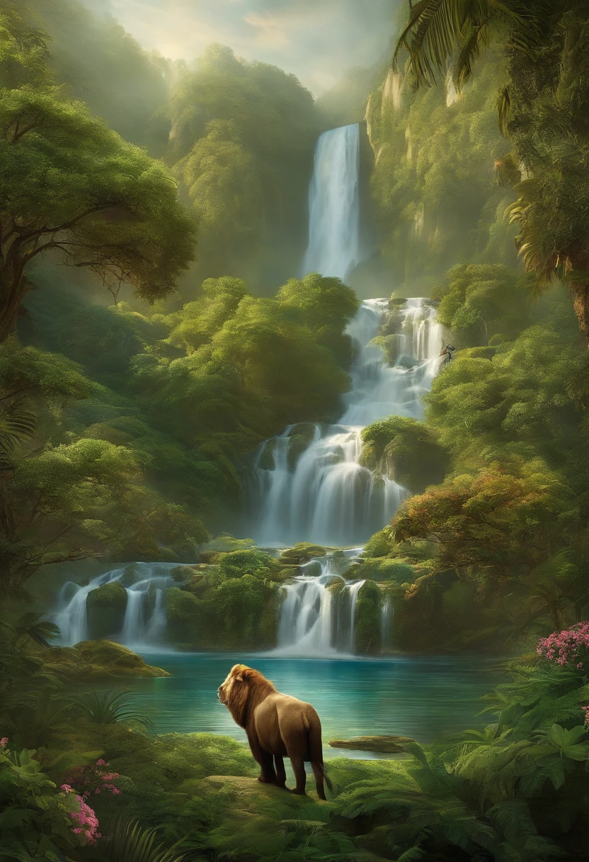 Give me a picture of landscape with waterfall greenery and animals that represent embodiment of principls of instinct and interdependence and knowledge. The picture should have a captain and his gold in it For magic the gathering art contest