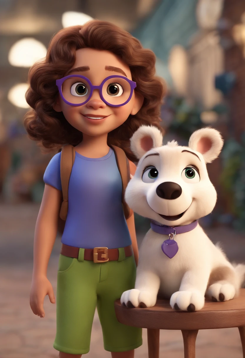 Cartoon character of a white 5 , magra, curly brown hair down to the waist, olhos verdes, with purple rectangular glasses and a blue shirt, saia preta, holding a stuffed animal. animation character, Caractere estilizado, animation style rendering, 3D estilizado, Arnold Maya render, 3 d render stylized, toon render keyshot, Personagem 3D, Personagem 3D, 3d rendering stylized, 3 d character render, personagem de desenho animado, Personagem de close up, Pose de personagem, (Estilo Pixar) (master part:1.2) (Bokeh) (melhor qualidade) (pele detalhada) (textura detalhada) (8k) (argila) (Cinematic lighting) (foco nítido