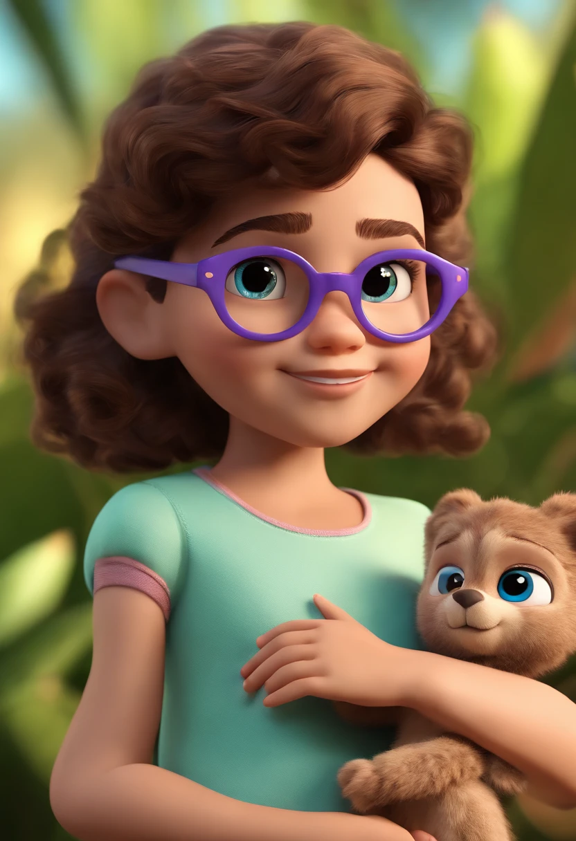 Cartoon character of a white 5 , magra, curly brown hair down to the waist, olhos verdes, with purple rectangular glasses and a blue shirt, saia preta, holding a stuffed animal. animation character, Caractere estilizado, animation style rendering, 3D estilizado, Arnold Maya render, 3 d render stylized, toon render keyshot, Personagem 3D, Personagem 3D, 3d rendering stylized, 3 d character render, personagem de desenho animado, Personagem de close up, Pose de personagem, (Estilo Pixar) (master part:1.2) (Bokeh) (melhor qualidade) (pele detalhada) (textura detalhada) (8k) (argila) (Cinematic lighting) (foco nítido