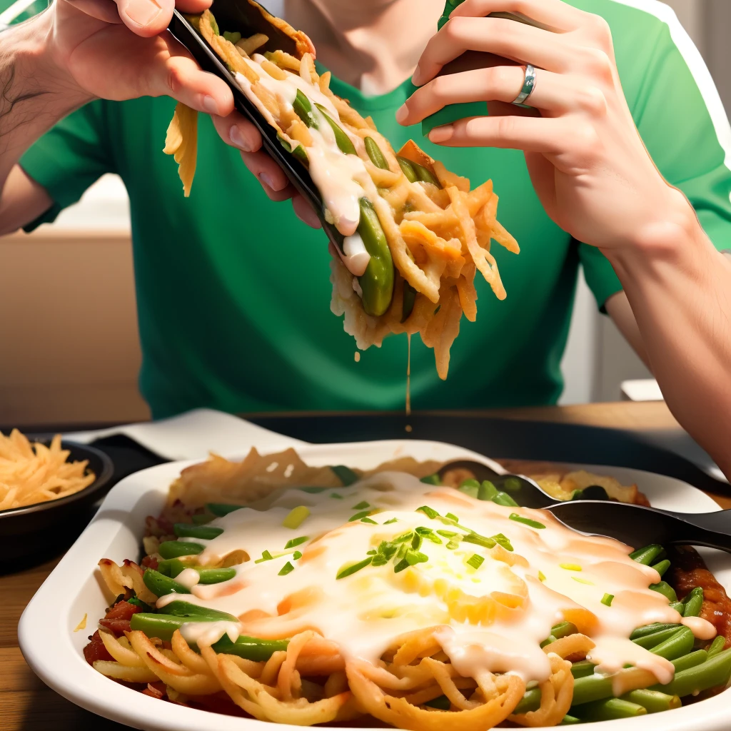 A white man eating green bean casserole