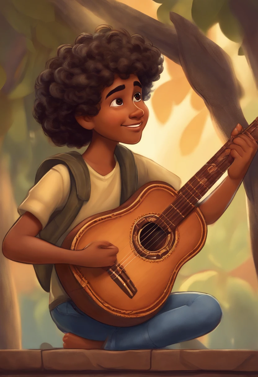 crie um banner no estilo Pixar. A boy with Indian features, moreno pardo com cabelos curtos, Castanhos escuros, Curly and slightly grayish appearance, mas jovem, usando uma camiseta, Wearing jeans and holding a classical guitar with 7 strings.