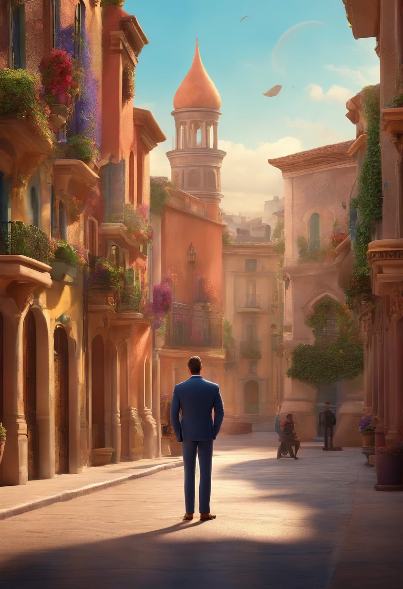 A city councilman looking at a dream project inspired by Pixar animation, de perto. The character takes center stage with captivating facial expressions, oferecendo um toque de irrealidade