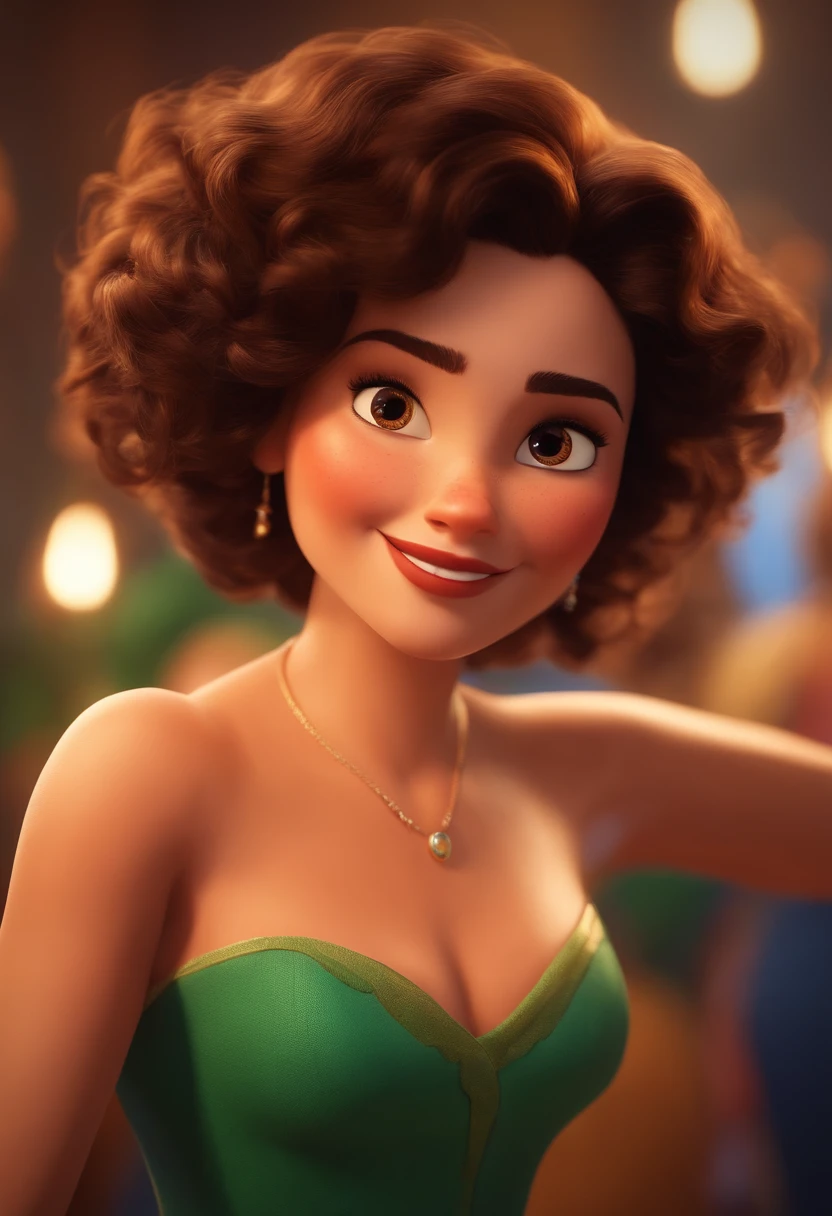 Pixar style image with short curly hair brunette woman character dancing, Maquiagem Disney,Pescador, bonitinho, sorridente ,Close-up, Pixar, Disney, Cinema lighting,