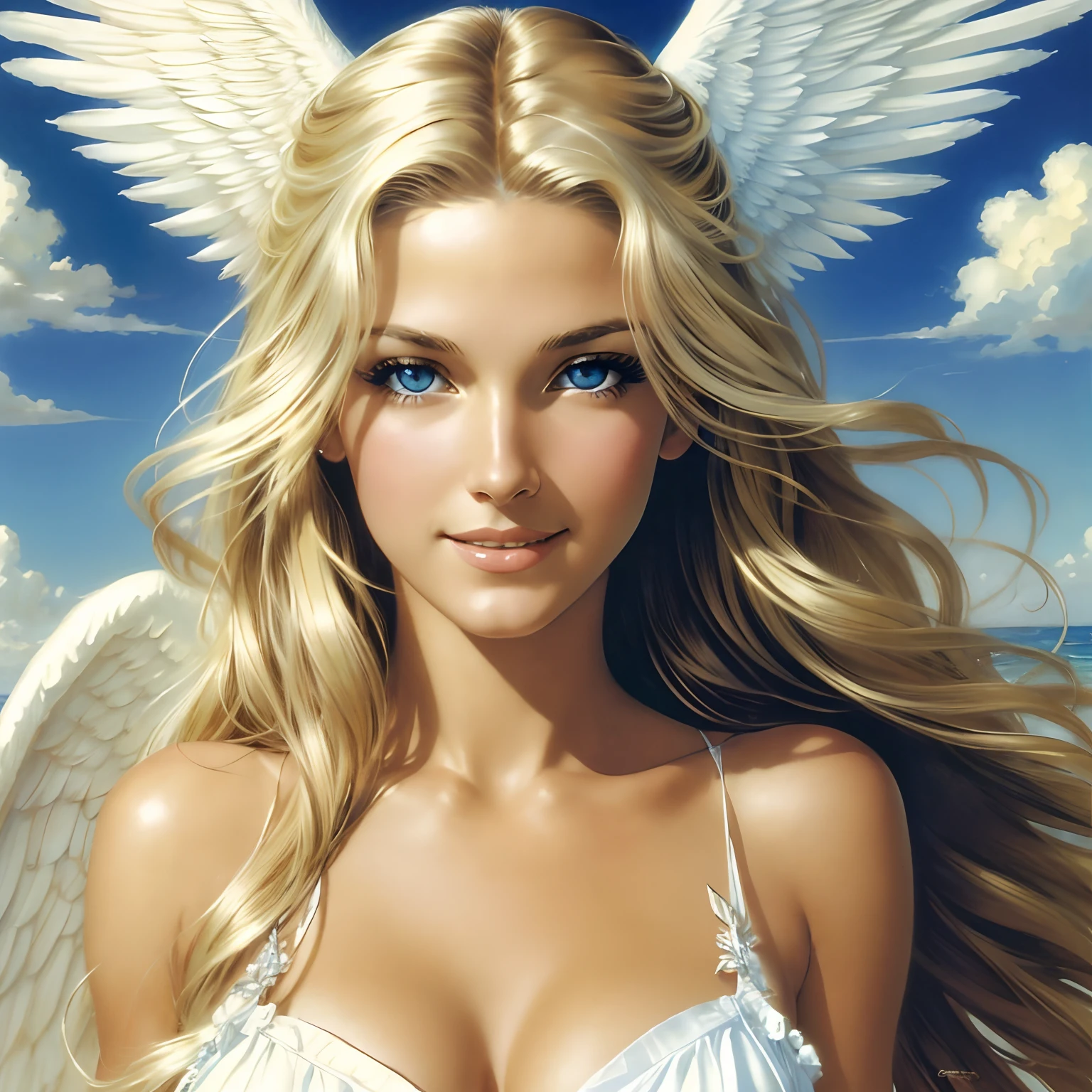masterpiece, the most beautiful woman, (striking blue eyes), wonderous, graceful, pleasant smile, fun filled and playful, beautiful flowing blonde hair, perfect angel wings, fantastic sunny day with puffy clouds in the sky, by Frank Frazetta, by Luis Royo, by boris vallejo,