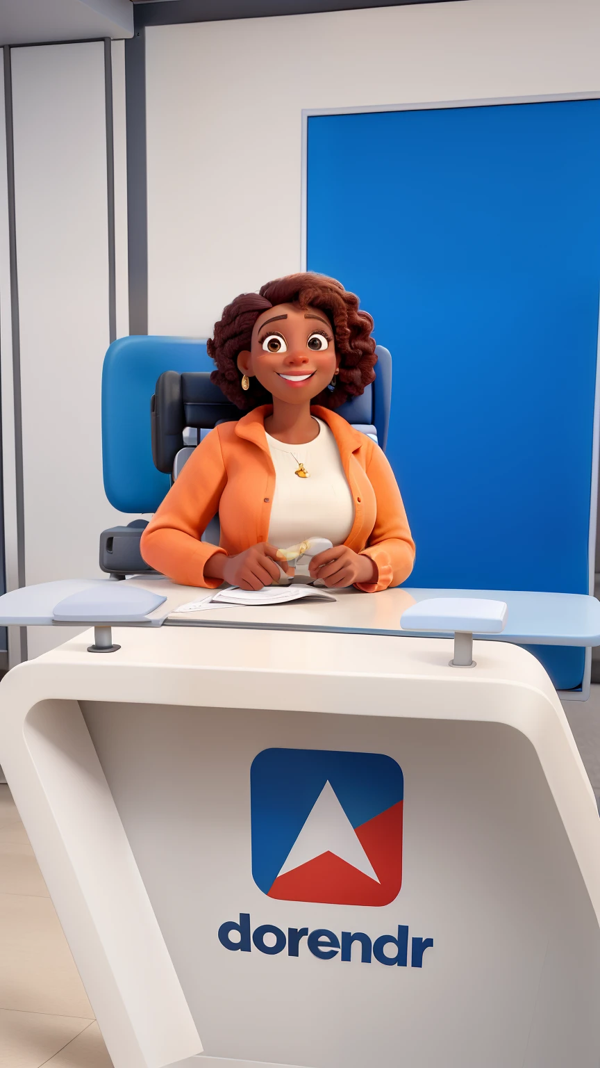Poster 3D inspirado na Pixar capturando uma cena com uma mulher de 29 anos, cor da pele parda, cabelos pretos cacheados e com mechas loiras, nariz fino, pequeno e pontudo, olhos pretos e redondos , sobrancelha grossa, She's a reporter and she's happy with a microphone in her hand and a camera filming her