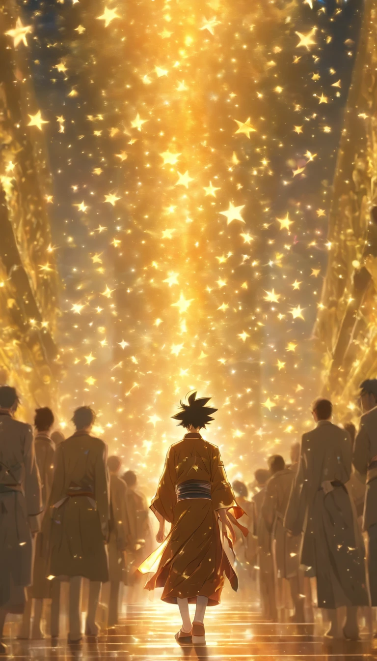 A teenager standing in front of the crowd, Holding a table with five million contribution points written on it, Surrounded by surprised and muttered elders, In the background is a majestic palace，The importance of cultivation is demonstrated, ,32K, Best quality, Masterpiece, Super detail, High details, By Makoto Shinkai ,in the style of the stars art group xing xing, --niji 5"