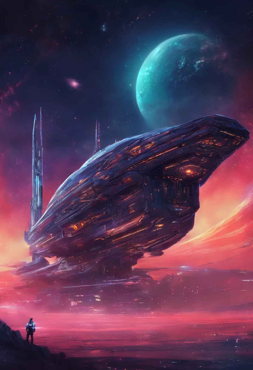 giant spaceship, cyberpunk style, in space, glowing galaxy in the background