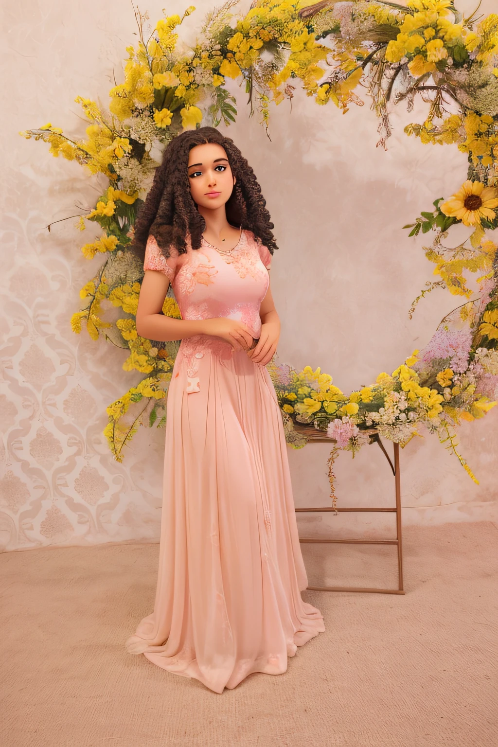 vestido longo, flores, cabelo cacheado