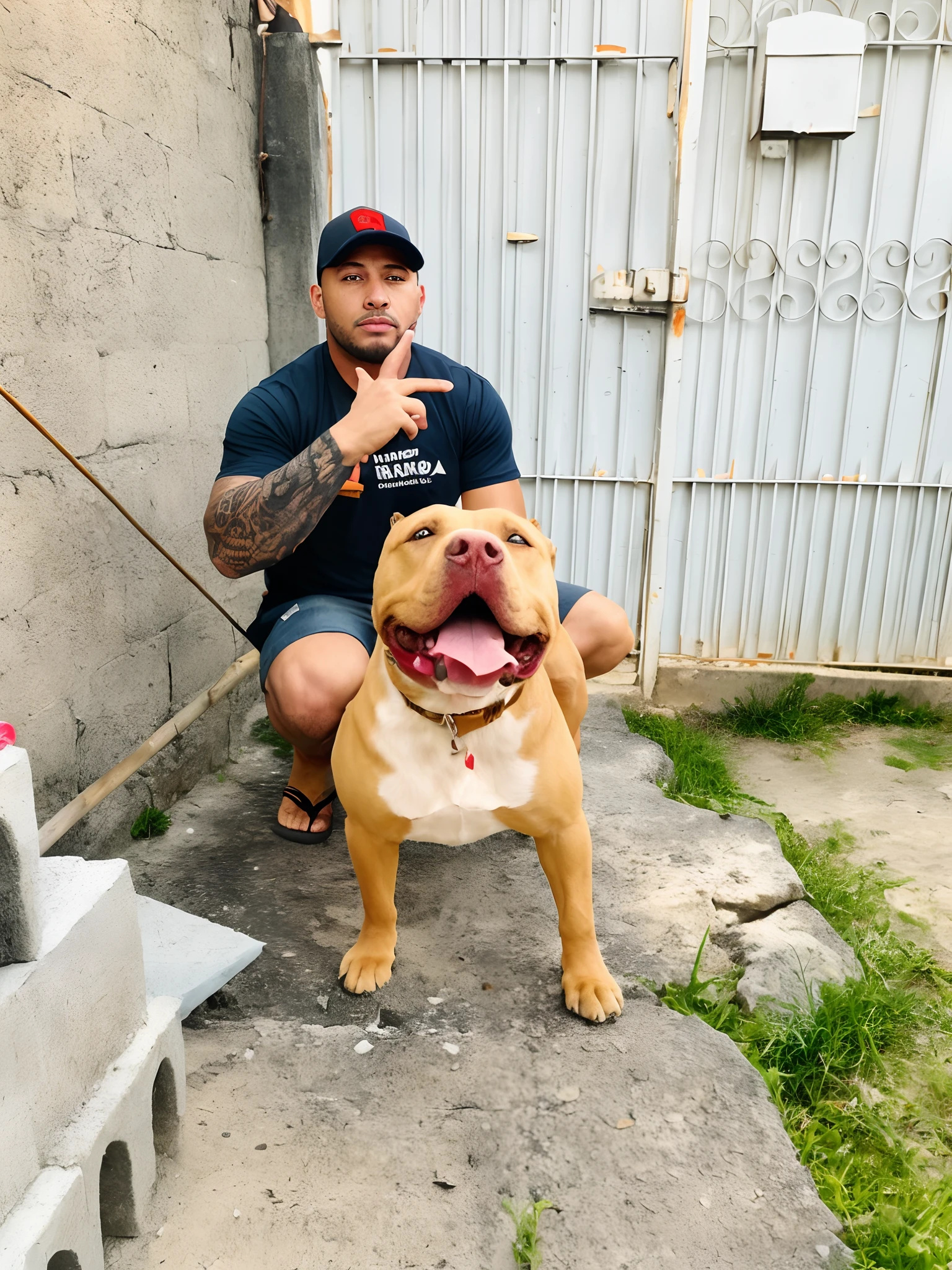 There's a man kneeling with a dog on the ground, Ciborgue - Pitbull tirando uma selfie, pitbull, Giga Chade Capaybara, Ciborgue - Pitbull, Directed by: Alexander Fedosav, Ronaldo Nazario Fenomeno, Directed by: Luis Miranda, Rocco, Directed by: Milton Menasco, olhar orgulhoso, Directed by: Ivan Ranger, musculoso, Retrato grande, por Pogus Caesar