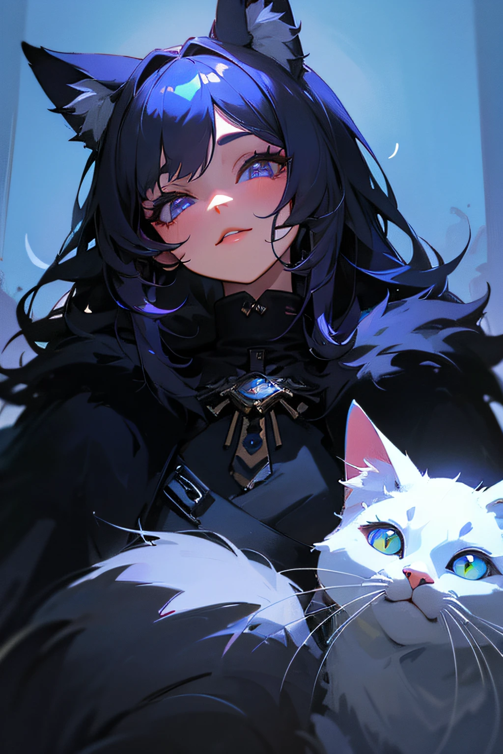 (hight resolution,Masterpiece:1.2),Vivid colors,beautiful detail eyes,beautiful detailed lips,long eyelashes,black coat,fluffy fur,cute expression,Feline Grace,Let's move on to the camera,on a blue background, Neon, night time, ciberpunk