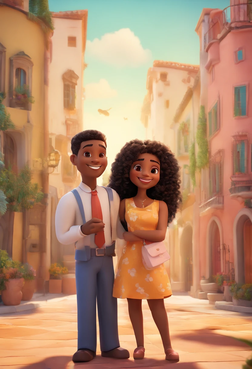 An illustration of an adorable couple, Highlighting a white man and a black woman with beautiful expressive eyes – the man's skin is white and the man's hair is straight and black, while the woman's skin is black and the woman's hair is straight and brown. They are a bright room, cada um com um sorriso no rosto, e compartilhar um momento especial caracterizado pelo amor, Insights. Illustrate this scene from a perspective where they are facing the camera, Smiling and Showing Your Connection. Desenvolva esta arte em Full HD, Focus on your cinematic touch, Estilo Disney Pixar Animations