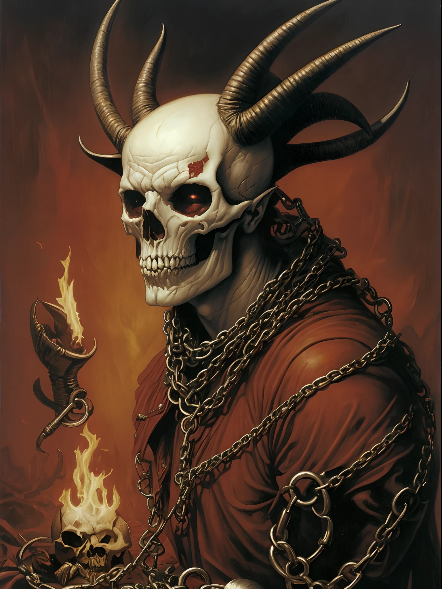 Painting of a pale devil with a skull and a chain around his neck, inspirado em Jeff Easley, retrato palido , jeff easley cinematic, inspirado em Joe Jusko, Directed by: Jeff Easley, O Duende Verde, Directed by: Joe Jusko, inspirado em Don Maitz, Neal Adams | sinistro, Estilo de Simon Bisley, Duende palido, olhos vermelho --auto