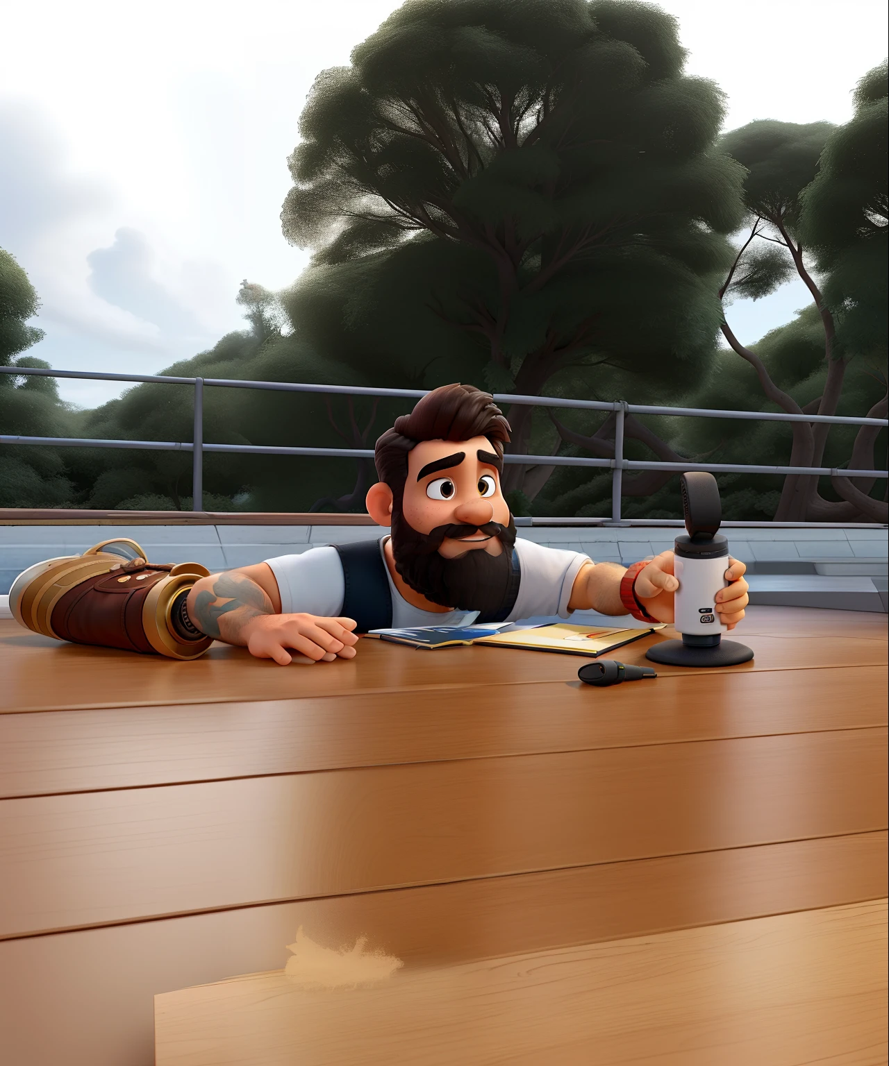 Pode melhorar barba mais rala com uns fios brancos, Make the full body appearing white red shoes. Man stands on black background on a speaker-like stage with microphone in one hand and book in the other in Disney pixar style best quality, maior qualidade.