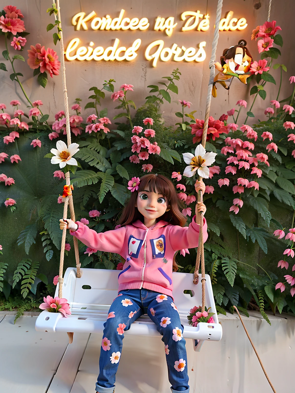 There's a girl sitting on a swing in front of a wall, doce e inocente, menina nas flores, sentado com flores, Rosto inocente, com flores, sorriso inocente, background is celestial, humor inocente, em um shopping, divertindo-se, floral painted backdrop, menina em um leito de flores, Ameera Al Taweel, coberto de flores