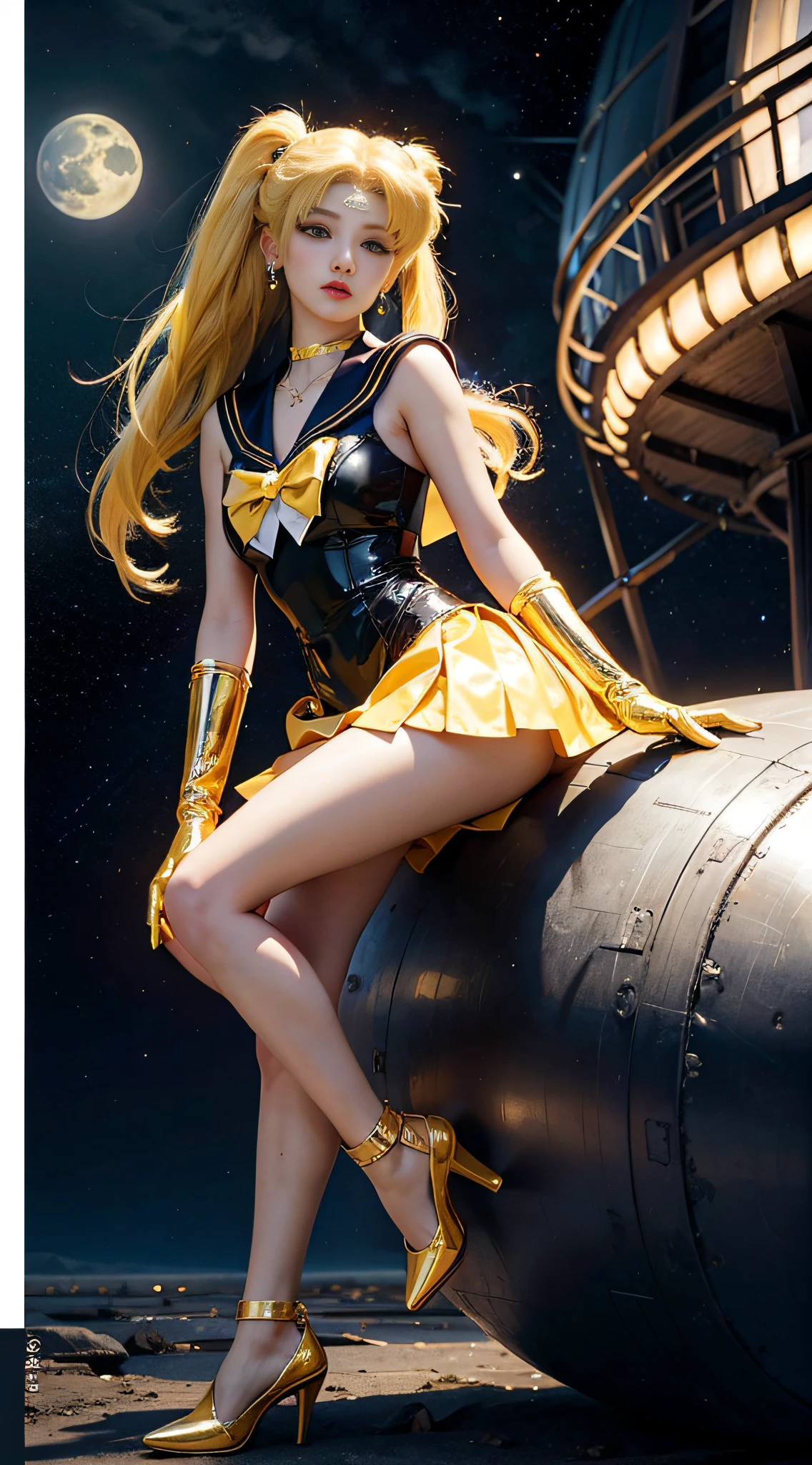 ((masterpiece:1.4)、(top-quality:1.4)、(reallistic:1.7))、masuter piece:1.4、a beauty girl、(Sailor Moon:1.4)、Tsukino Usagi、Body Fit Sexy Sailor Senshi Uniform、(latex shiny)、(The jacket is a white sleeveless sailor suit)、(Skirt Blue Sexy Ultra Ultra Pleated Mini Skirt)、The collar of the sailor suit is blue with two thin lines.、high leg swimsuit、Red cloth ornament at chest、(Wearing white gloves)、Kawaii Girl、Super beauty、foco nítido、Portrait photos、Upper body photography:1.4、beautiful countenance、beautidful eyes、Narrow waist、beauty legs、(yellow hair:1.4)、(length hair:1.2)、Beautiful udder、large full breasts:1.2、Sexy ass、Raw photo、red-lips、Red high heels:1.4、a choker:1.4、a necklace:1.4、耳Nipple Ring:1.4、Luxurious Golden Tiara:1.4、1 screen display、a moon、kosmos、spaceships、A space station、City of the Future