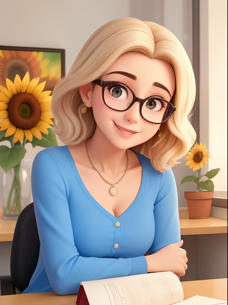 Pixar style image with 3D blonde character glasses, cabelos longos  , Maquiagem Disney,Pescador, bonitinho, sorridente ,Close-up, Pixar, Disney, Cinema lighting,