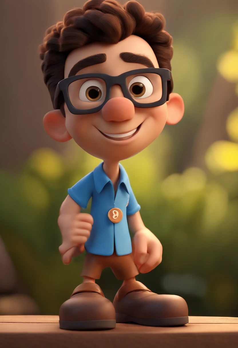Cartoon character of a man wearing black glasses and a blue shirt, um personagem animado, Caractere estilizado, animation style rendering, 3D estilizado, Arnold Maya render, 3 d render stylized, toon render keyshot, Personagem 3D, Personagem 3D, 3d rendering stylized, 3 d character render, personagem de desenho animado, Personagem de close up, Pose de personagem, (Estilo Pixar) (master part:1.2) (Bokeh) (best quality) (pele detalhada) (textura detalhada) (8k) (argila) (Cinematic lighting) (foco nítido，Senta e vaza a parte superior do corpo