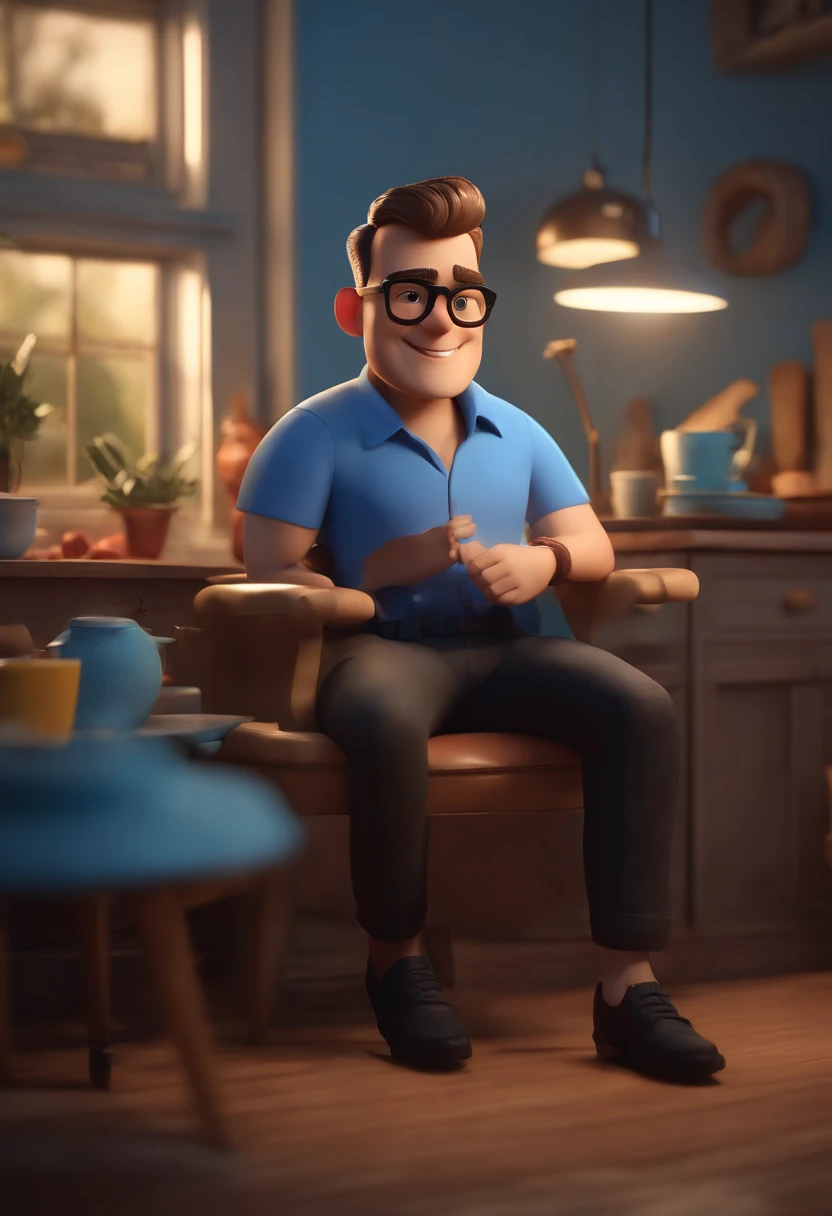 Cartoon character of a man wearing black glasses and a blue shirt, um personagem animado, Caractere estilizado, animation style rendering, 3D estilizado, Arnold Maya render, 3 d render stylized, toon render keyshot, Personagem 3D, Personagem 3D, 3d rendering stylized, 3 d character render, personagem de desenho animado, Personagem de close up, Pose de personagem, (Estilo Pixar) (master part:1.2) (Bokeh) (best quality) (pele detalhada) (textura detalhada) (8k) (argila) (Cinematic lighting) (foco nítido,Senta e vaza a parte superior do corpo