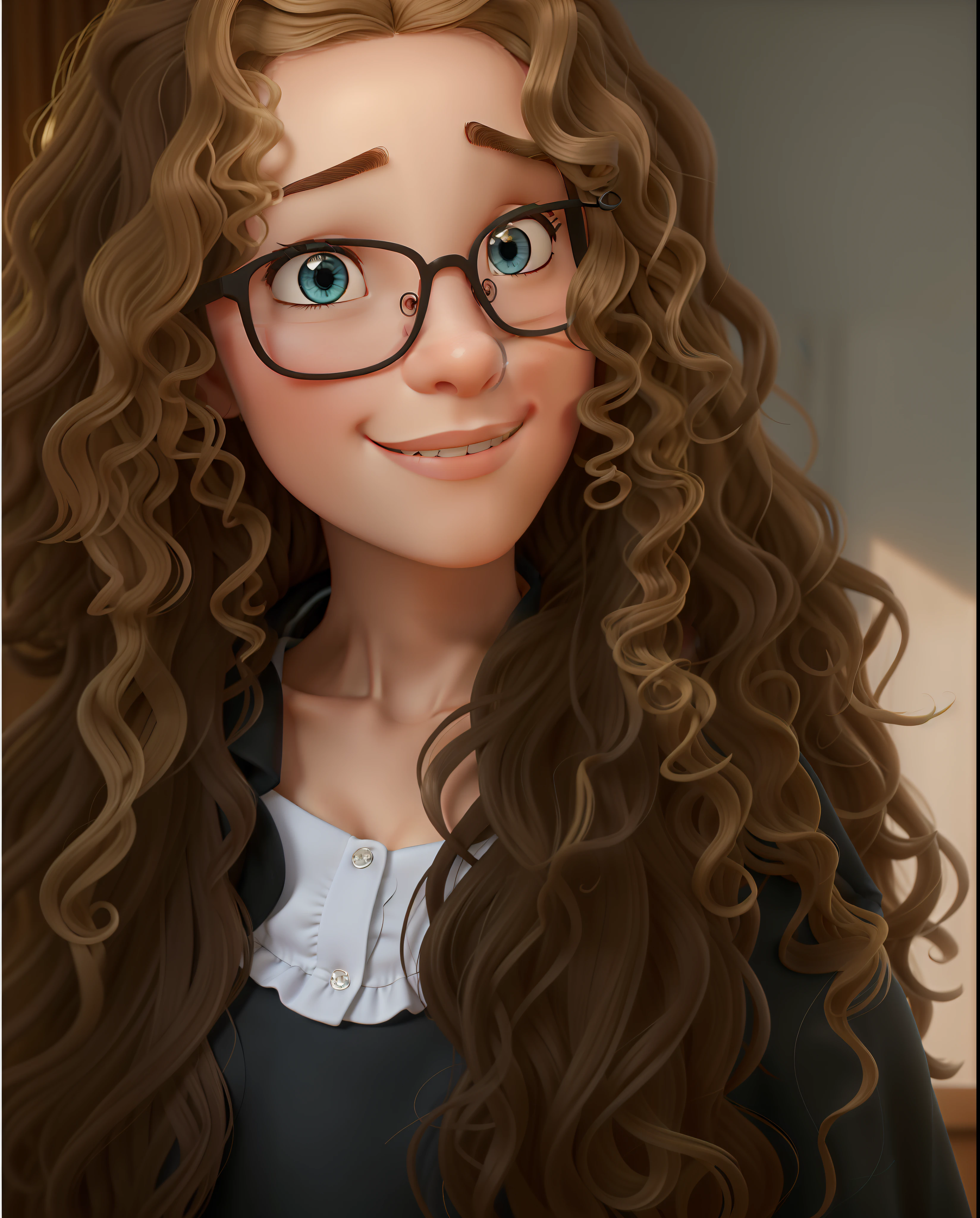 8k, no estilo Disney Pixar, alta qualidade, melhor qualidade. a close-up of a woman with glasses and a black blouse, with long curly hair, with curly blonde hair, long messy curly hair, long curly hair, face framed by curls, curly blonde hair | d&d, curly hair, with long curly hair, messy curly hair, with curly perm, long curly hair, with blue eyes and curly hair, curly hair