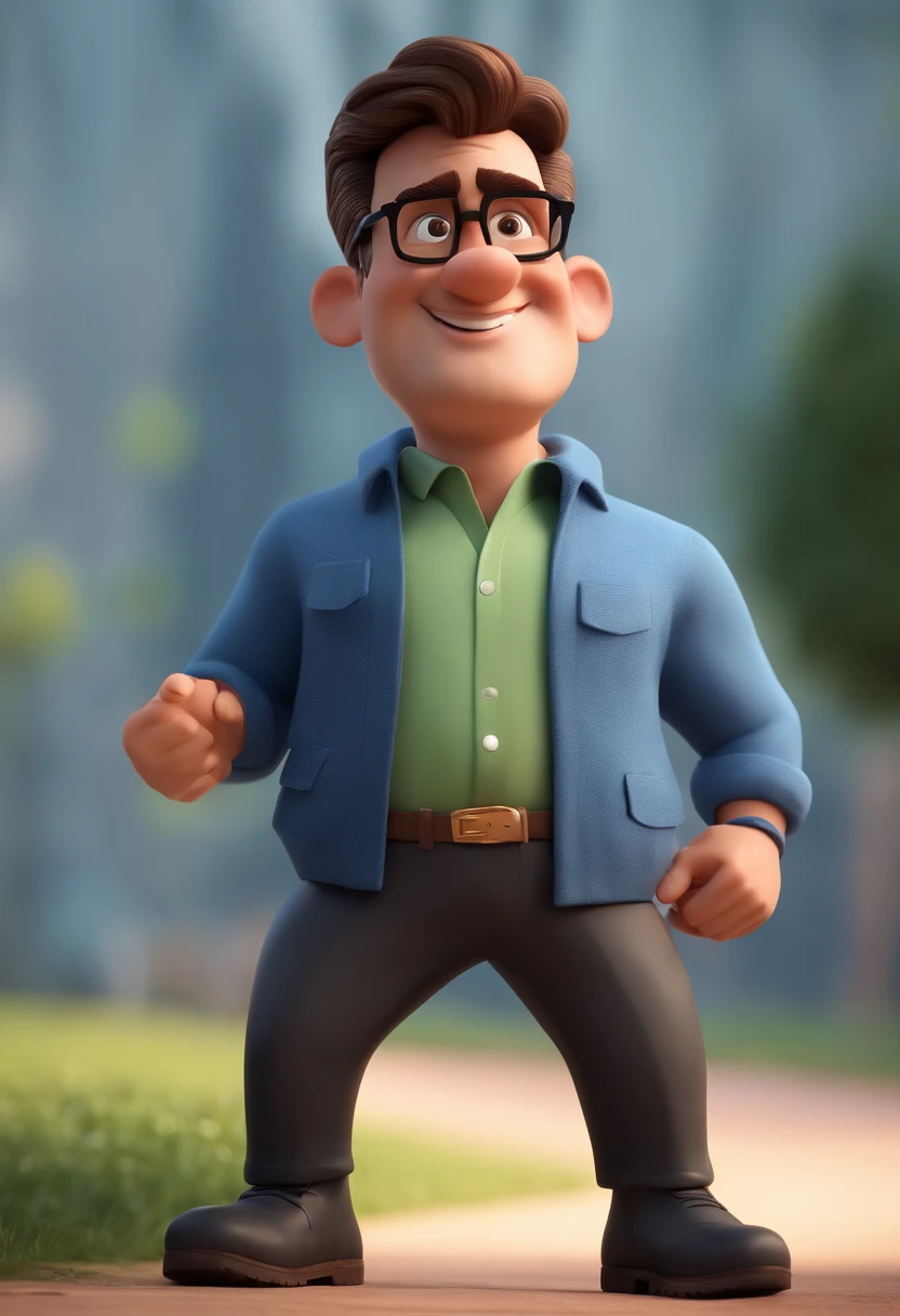 Cartoon character of a man with black glasses and a blue shirt, animation character, Caractere estilizado, animation style rendering, 3D estilizado, Arnold Maya render, 3 d render stylized, toon render keyshot, Personagem 3D, Personagem 3D, 3d rendering stylized, 3 d character render, personagem de desenho animado, Personagem de close up, Pose de personagem,  (Estilo Pixar) (master part:1.2) (Bokeh) (best quality) (pele detalhada) (textura detalhada) (8k) (argila) (Cinematic lighting) (foco nítido