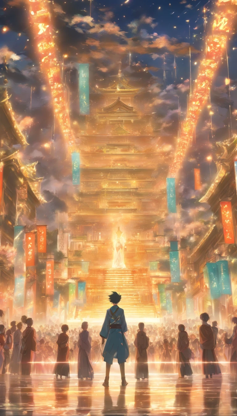 A teenager standing in front of the crowd, Holding a table with five million contribution points written on it, Surrounded by kneeling elders, In the background is a majestic palace, ,32K, Best quality, Masterpiece, Super detail, High details, By Makoto Shinkai ,in the style of the stars art group xing xing, --niji 5"
