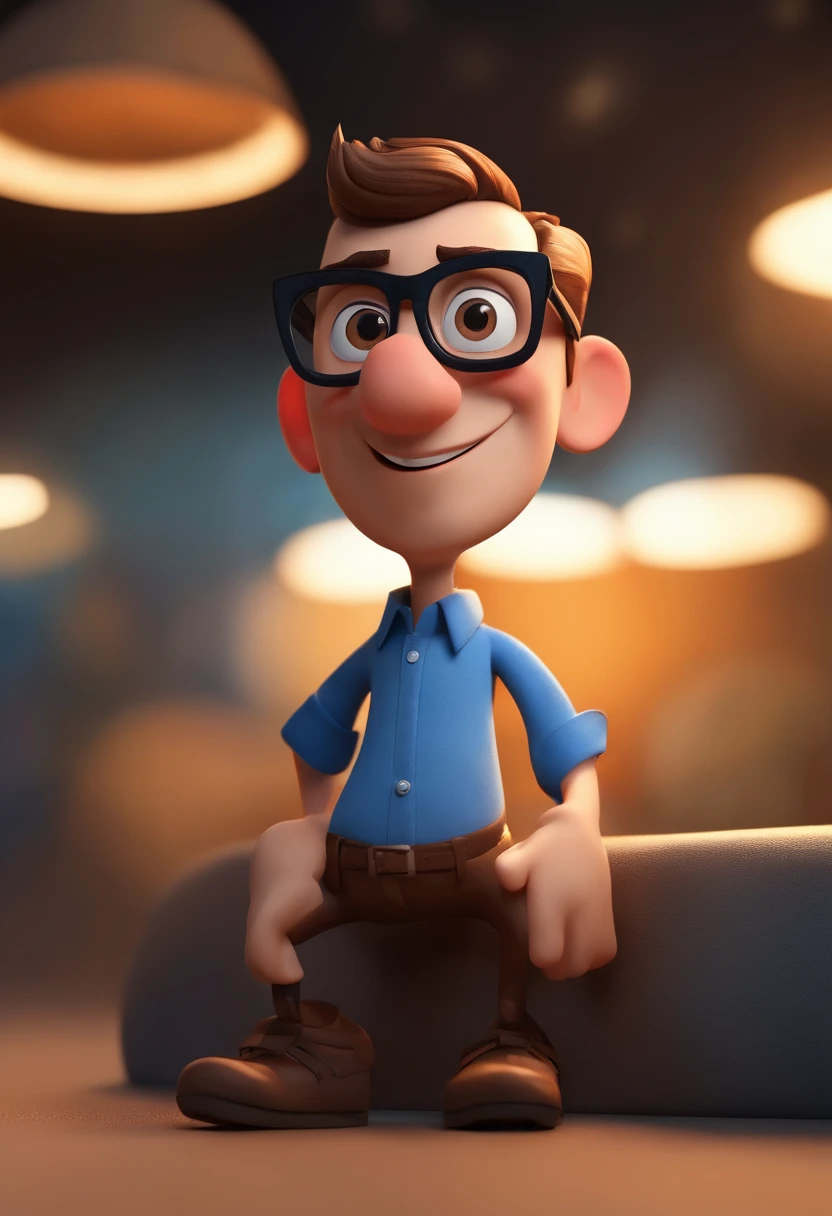 Cartoon character of a man wearing black glasses and a blue shirt, um personagem animado, Caractere estilizado, animation style rendering, 3D estilizado, Arnold Maya render, 3 d render stylized, toon render keyshot, Personagem 3D, Personagem 3D, 3d rendering stylized, 3 d character render, personagem de desenho animado, Personagem de close up, Pose de personagem, (Estilo Pixar) (master part:1.2) (Bokeh) (best quality) (pele detalhada) (textura detalhada) (8k) (argila) (Cinematic lighting) (foco nítido,Senta e vaza a parte superior do corpo