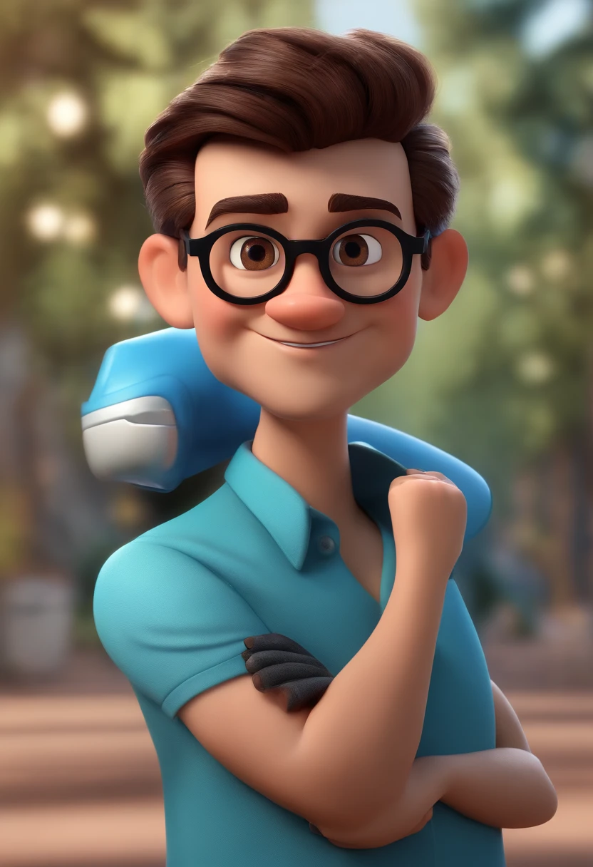 Cartoon character of a man wearing black glasses and a blue shirt, um personagem animado, Caractere estilizado, animation style rendering, 3D estilizado, Arnold Maya render, 3 d render stylized, toon render keyshot, Personagem 3D, Personagem 3D, 3d rendering stylized, 3 d character render, personagem de desenho animado, Personagem de close up, Pose de personagem, (Estilo Pixar) (master part:1.2) (Bokeh) (best quality) (pele detalhada) (textura detalhada) (8k) (argila) (Cinematic lighting) (foco nítido，Senta e vaza a parte superior do corpo