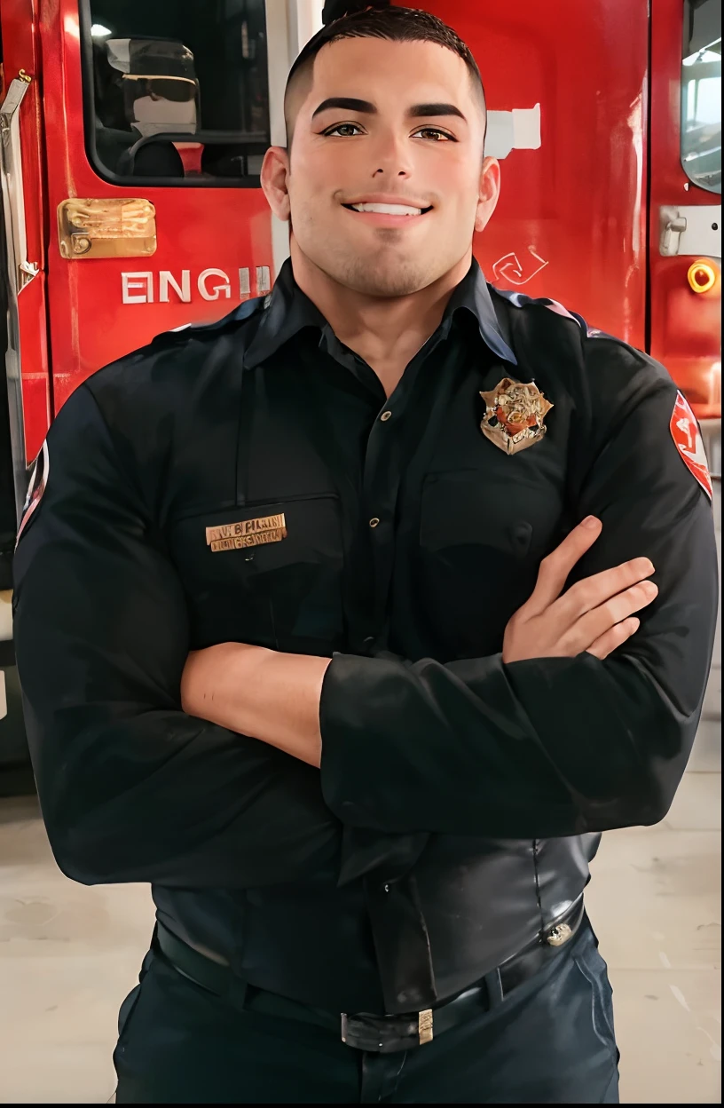 arafed hot thick muscular Puerto Rican Male firefighter standing with autism  and OCD 26yrs old front of a fire truck in a garage, christian orrillo, closeup portrait shot, andrew gonzalez, firefighter, joel torres, fireman, alex flores, asher duran, full body camera shot, alex miranda, daniel mirante, full-body-shot, james zapata, officer, full body close-up shot, hot thick muscular abs and curvy waistline and hips hot arms hands and legs hot buff muscular biceps and pecs chubby cheeks and cute dimples hot brown eyes and beautiful eyebrows beautiful smile and perfect teeth golden toned tanned skin dark medium hair 5' 7" 170lbs 160km