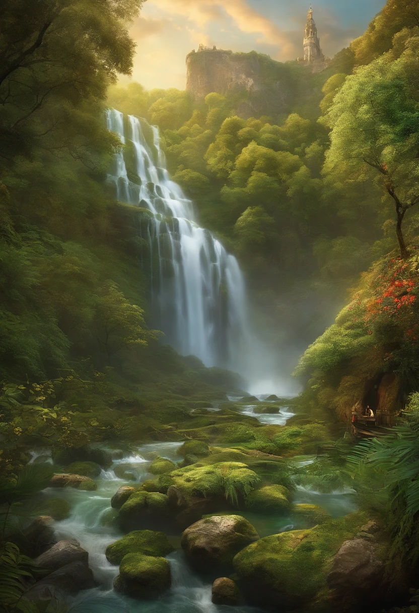 Give me a picture of landscape with waterfall greenery and animals that represent embodiment of principls of instinct and interdependence and knowledge. The picture should have a pirate and his gold in it For magic the gathering art contest