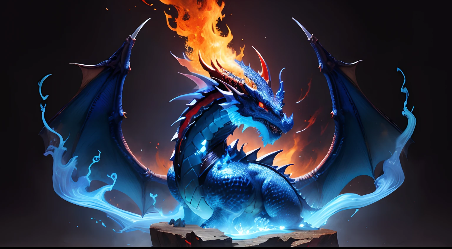 fantasy dragon majestic dark blue dragon head with fire and ice in the background