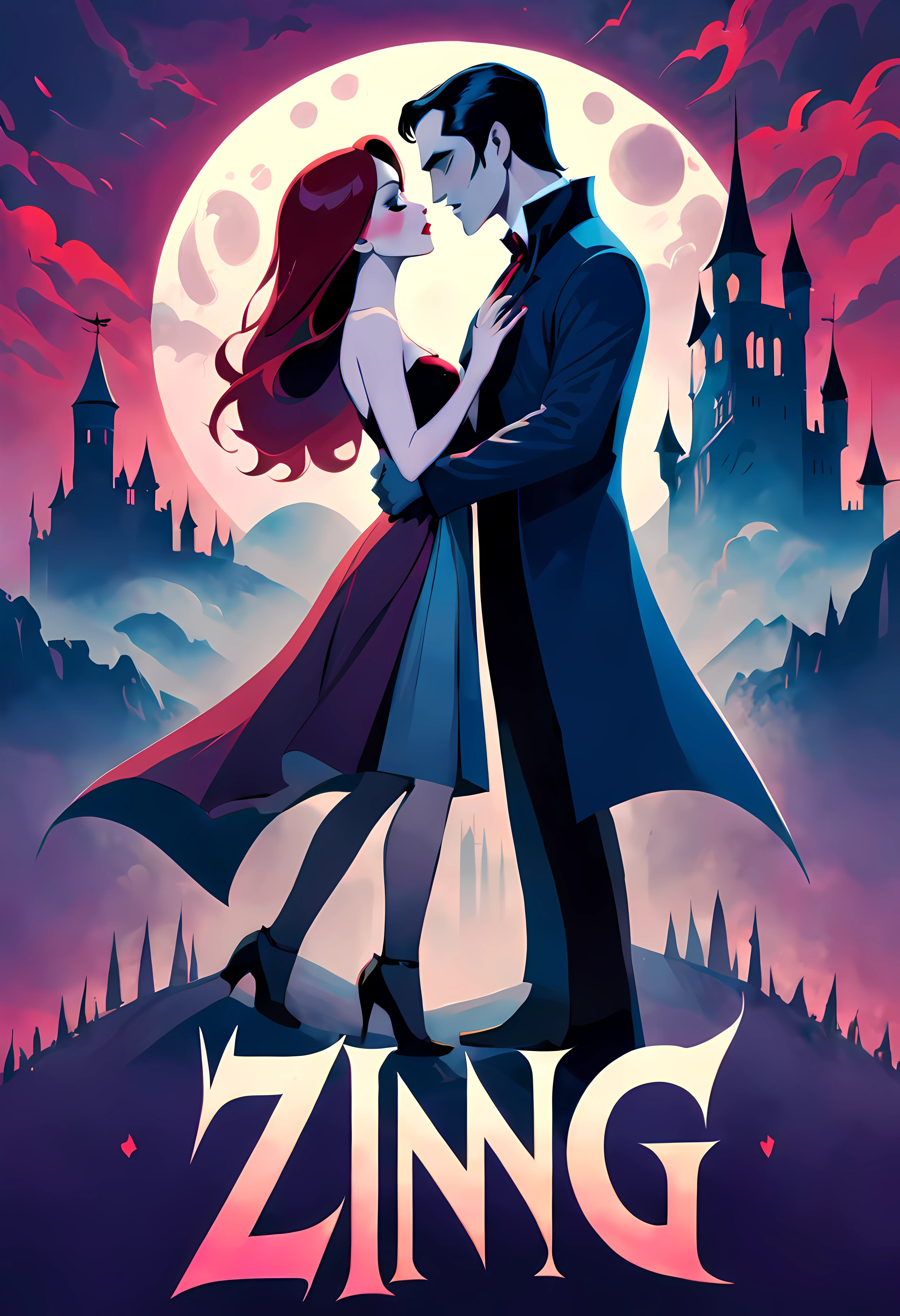 Movie Poster - Title "Zing". Create a visually captivating poster that combines romance and the supernatural. Set the scene with a moonlit backdrop, a Gothic castle, or a misty graveyard to emphasize the vampire theme. Place the main characters, a dazzling vampire couple, in an intimate and passionate pose, capturing a captivating kiss. Use contrasting colors, like deep reds and dark blues, to add intrigue and allure. Incorporate elements of mystery and desire to attract viewers' attention and evoke curiosity about the movie's storyline.