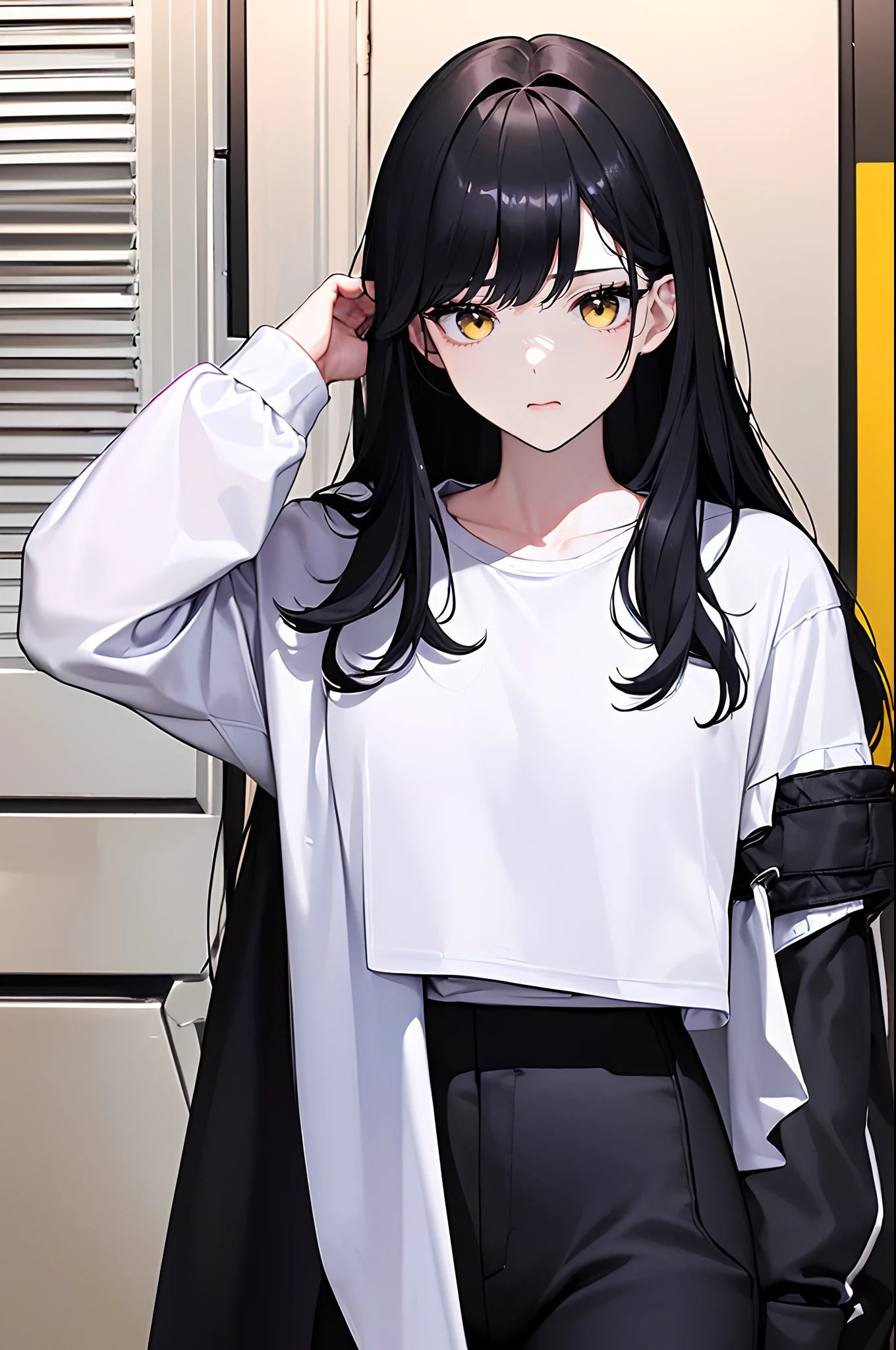 (4K works))、​masterpiece、(top-quality)、Shopping、Korean female、adult  woman、((Adult 26 years old))、((Face similar to Hyunjin))、cool lady、tall、((Glaring expression))、((Sleepy face))、((Strong eyes))、((Wearing a white T-shirt and a black jacket、Wear long black pants))、((Wear a black mask))、((Smaller face))、Slim body、((How to stand a sales match))、((Cheeky way of standing))、((Bad girl))、((Black long-haired))、((Yellow eyes))、((shot from front))、((Looking down on the viewer))、((rearing))、((Shot alone))、((Solo Photography))