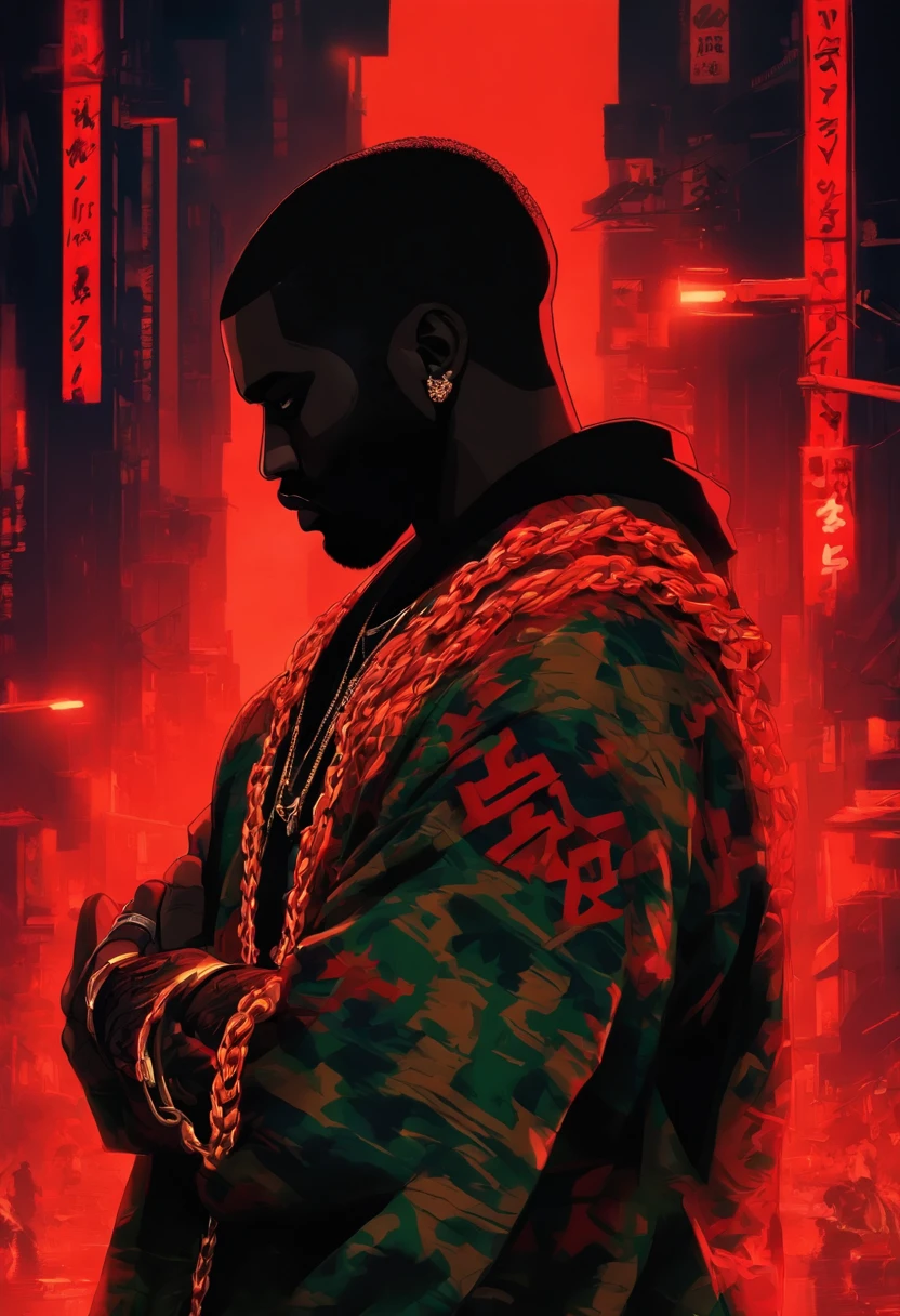 kanye west , cabelo vermelho,corte de cabelo red, cavanhaque vermelho, jaqueta vermelha, folded arms , estilo hip hop, estilo gta 5,chain in the neck. cenario cidade de los santos.