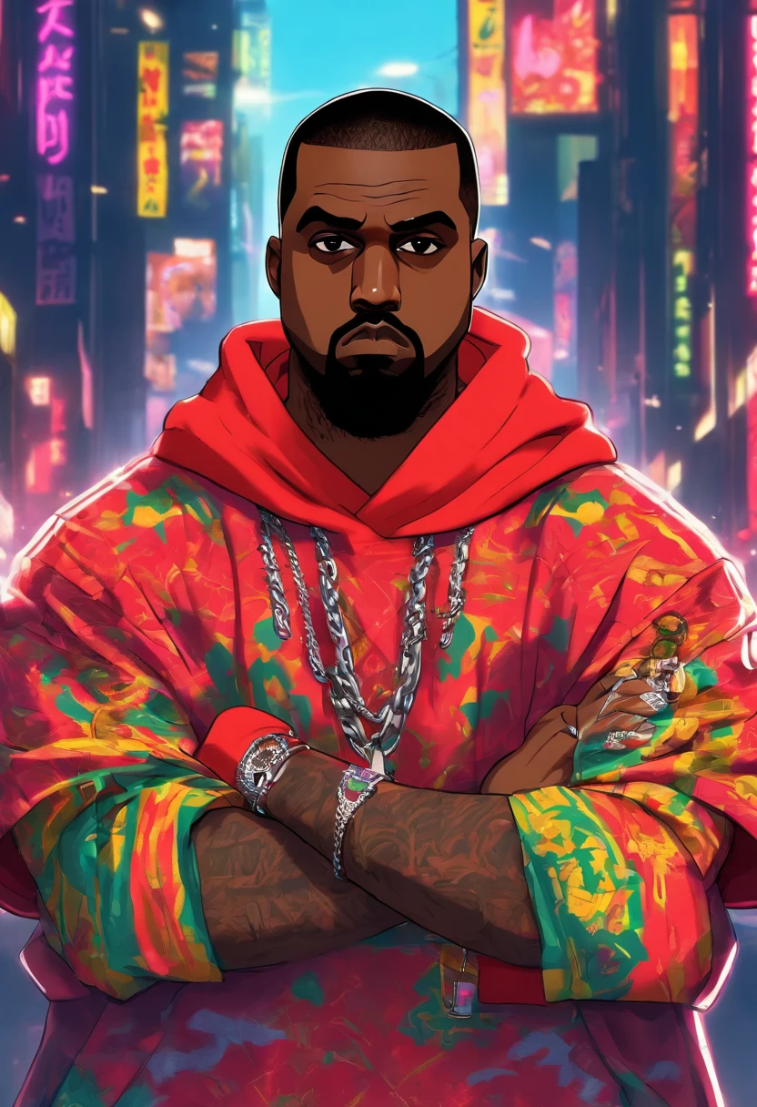 kanye west , cabelo vermelho,corte de cabelo red, cavanhaque vermelho, jaqueta vermelha, folded arms , estilo hip hop, estilo gta 5,chain in the neck. cenario cidade de los santos.