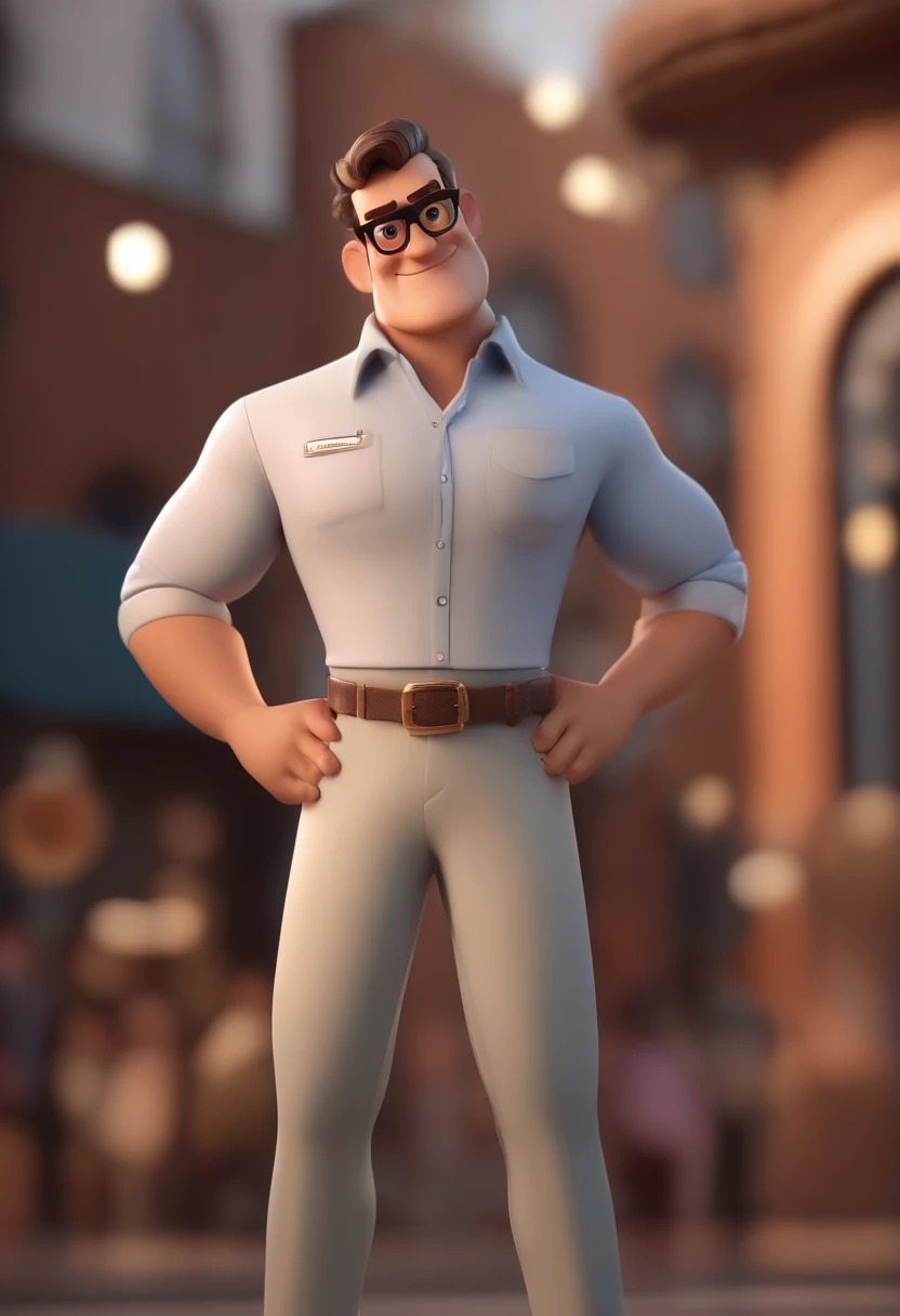 Cartoon character of a man wearing black glasses and a blue shirt, um personagem animado, Caractere estilizado, animation style rendering, 3D estilizado, Arnold Maya render, 3 d render stylized, toon render keyshot, Personagem 3D, Personagem 3D, 3d rendering stylized, 3 d character render, personagem de desenho animado, Personagem de close up, Pose de personagem, (Estilo Pixar) (master part:1.2) (Bokeh) (best quality) (pele detalhada) (textura detalhada) (8k) (argila) (Cinematic lighting) (foco nítido,Senta e vaza a parte superior do corpo