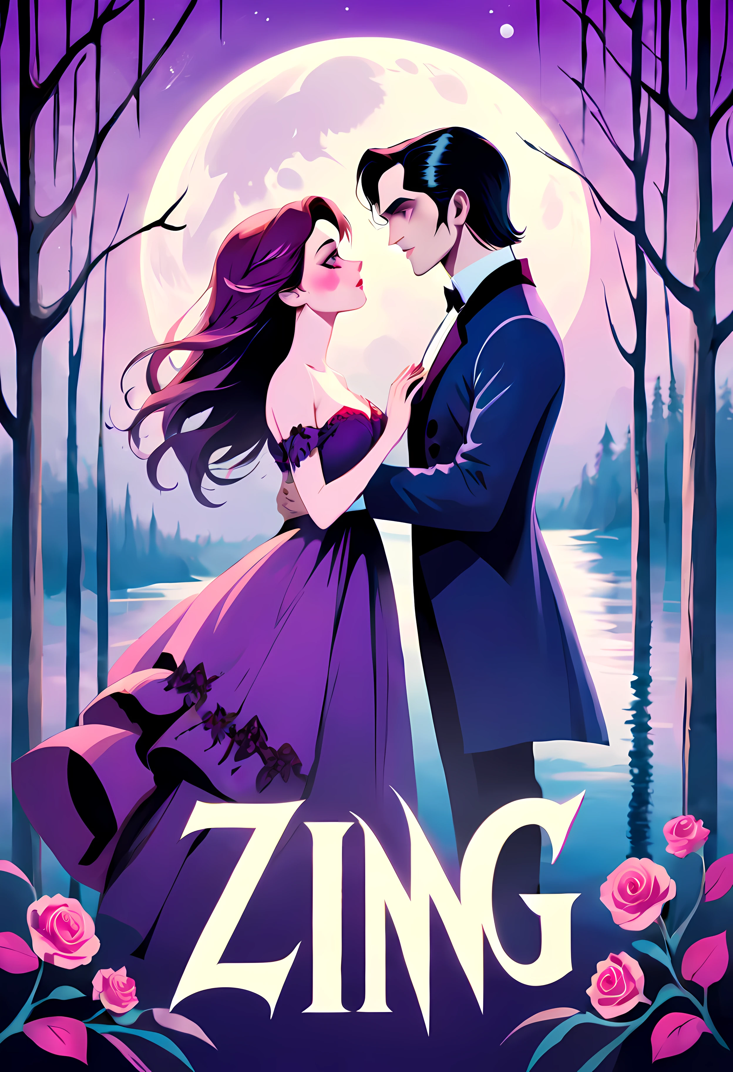 Movie Poster - Create a mesmerizing poster for the movie "Zing" that captures the essence of a passionate vampire love story. Emphasize the romantic element by showcasing a kissing vampire couple in a unique and unexpected setting. Imagine an ethereal moonlit forest bathed in a vibrant purple hue. The couple dressed in elegant Victorian attire stands on the shores of a tranquil lake surrounded by towering ancient trees. Their lips are locked in a passionate kiss their embrace exuding both desire and danger. Add a touch of mystery by incorporating subtle hints of supernatural elements. Perhaps the vampire couple's eyes glow with an otherworldly intensity hinting at their true nature. The moon above them casts an eerie glow illuminating their pale skin while distant stars twinkle with a hint of magic. In the background intertwine delicate vines and roses symbolizing the eternal bond of their love. Let the aura of the poster be both alluring and haunting captivating the audience with the intensity and forbidden nature of their love.