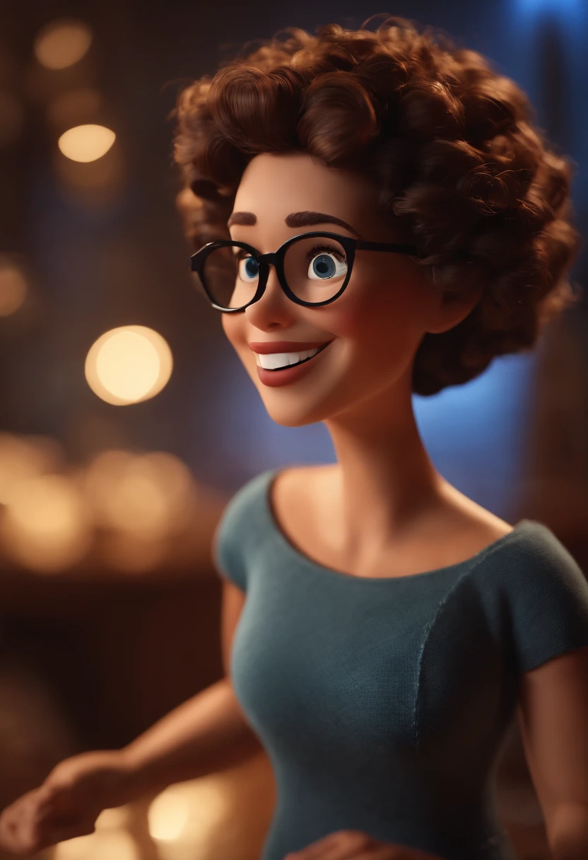 Pixar style image with 3D character white glasses brunette woman short curly hair dancing, Maquiagem Disney,Pescador, bonitinho, sorridente ,Close-up, Pixar, Disney, Cinema lighting,