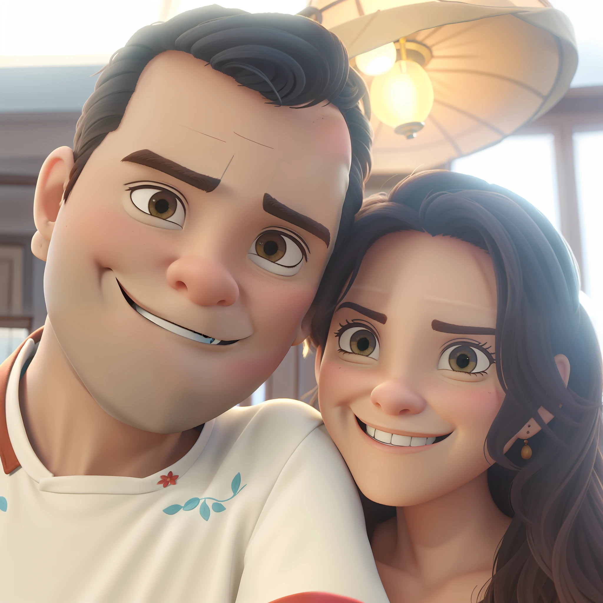 casal no estilo disney pixar, alta qualidade, melhor qualidade, Rustic light fixture on top