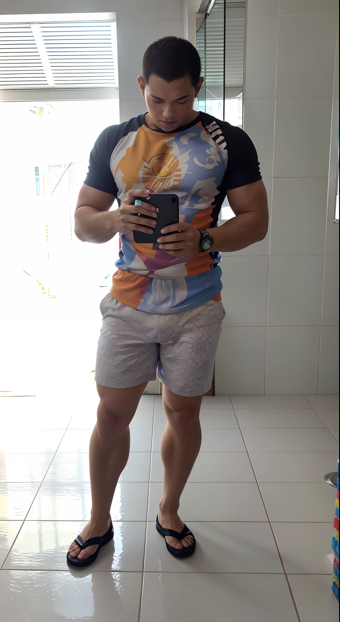 There's a man standing in a bathroom looking at his cell phone, imagem de corpo inteiro, Goku na vida real, vestindo bermuda e camiseta, foto fit, fotos de corpo inteiro, Personagem Dragonball, full body frontal view, he is! cerca de 3 0 anos de idade, distant full body view, corpo inteiro!!, corpo inteiro;, de bermuda criar imagem 3d pixar
