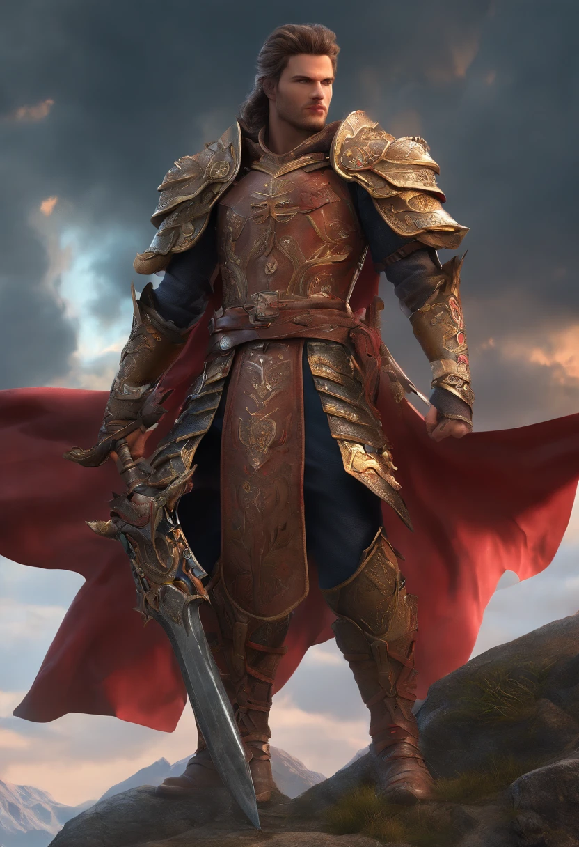 (best quality,ultra-detailed,highres,masterpiece:1.2),realistic,photorealistic:1.37,portrait,urealistic,cool lighting,sharp focus,creative composition,detailed facial features,beautiful detailed eyes,beautiful detailed lips,strong and muscular build,golden hair flowing in the wind,confident expression,warrior outfit with intricate details,leather armor and intricate design on the chest plate,ruby embedded sword with magical engravings,sparkling effect on the sword's blade,magic aura surrounding the character,dynamic fighting poses,energetic and powerful movements,explosive impact effects,vivid colors,contrasting warm and cool tones,dramatic lighting with shadows and highlights,background with an epic fantasy landscape,hazy atmosphere with hints of distant mountains, Ominous dark clouds in the sky,adding a sense of danger and intensity to the scene.