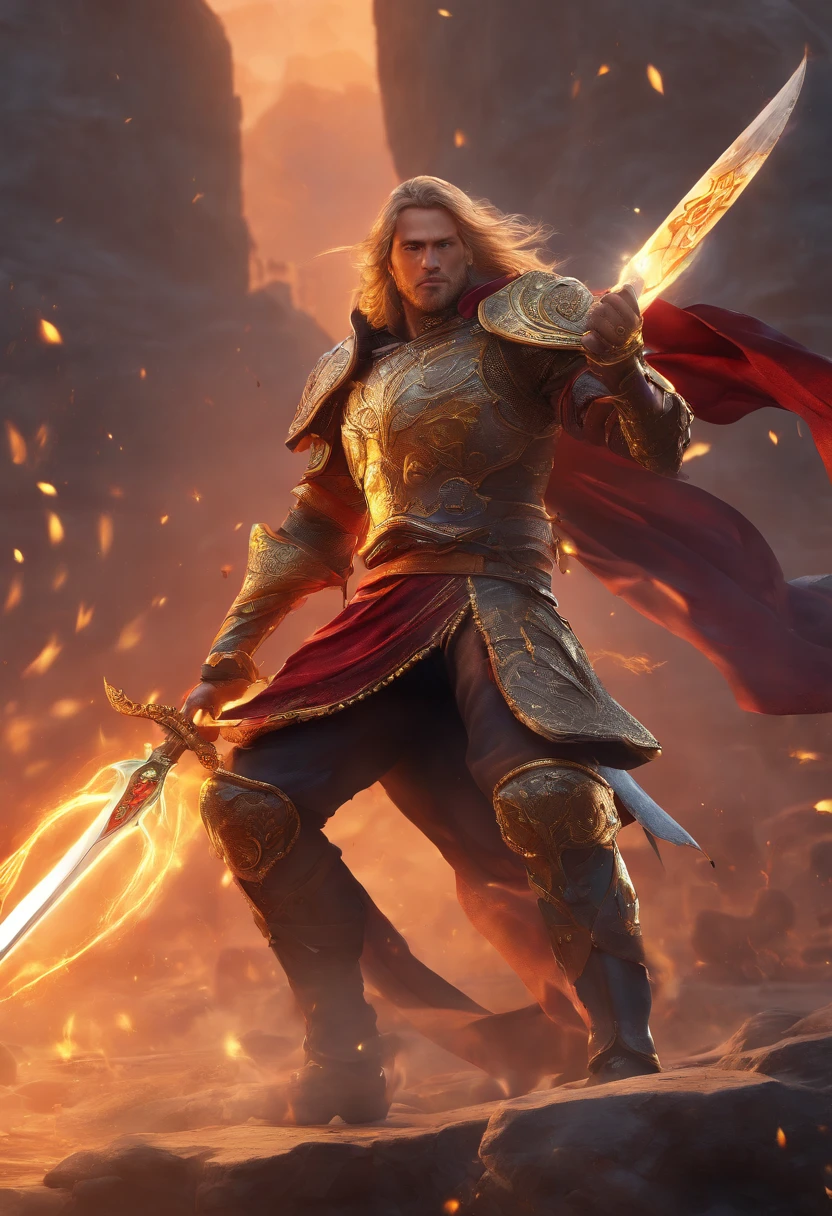(best quality,ultra-detailed,highres,masterpiece:1.2),realistic,photorealistic:1.37,portrait,urealistic,cool lighting,sharp focus,creative composition,detailed facial features,beautiful detailed eyes,beautiful detailed lips,strong and muscular build,golden hair flowing in the wind,confident expression,warrior outfit with intricate details,leather armor and intricate design on the chest plate,ruby embedded sword with magical engravings,sparkling effect on the sword's blade,magic aura surrounding the character,dynamic fighting poses,energetic and powerful movements,explosive impact effects,vivid colors,contrasting warm and cool tones,dramatic lighting with shadows and highlights,background with an epic fantasy landscape,hazy atmosphere with hints of distant mountains, Ominous dark clouds in the sky,adding a sense of danger and intensity to the scene.