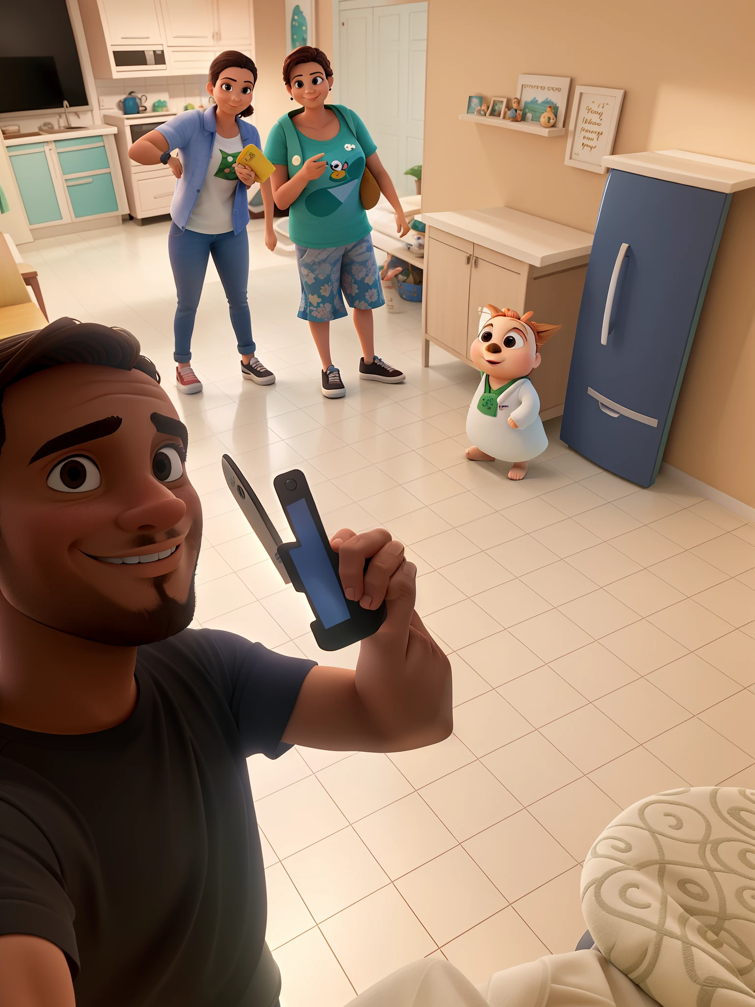 uma Homem fazendo uma selfie em casa, In the background is his fiancée and her aunt doing a pose with their hands, a casa em reforma, os 3 na sala da casa felizes, casa com piso branco, paredes marrom, entulhos  familia disney pixar, alta qualidade, melhor qualidade