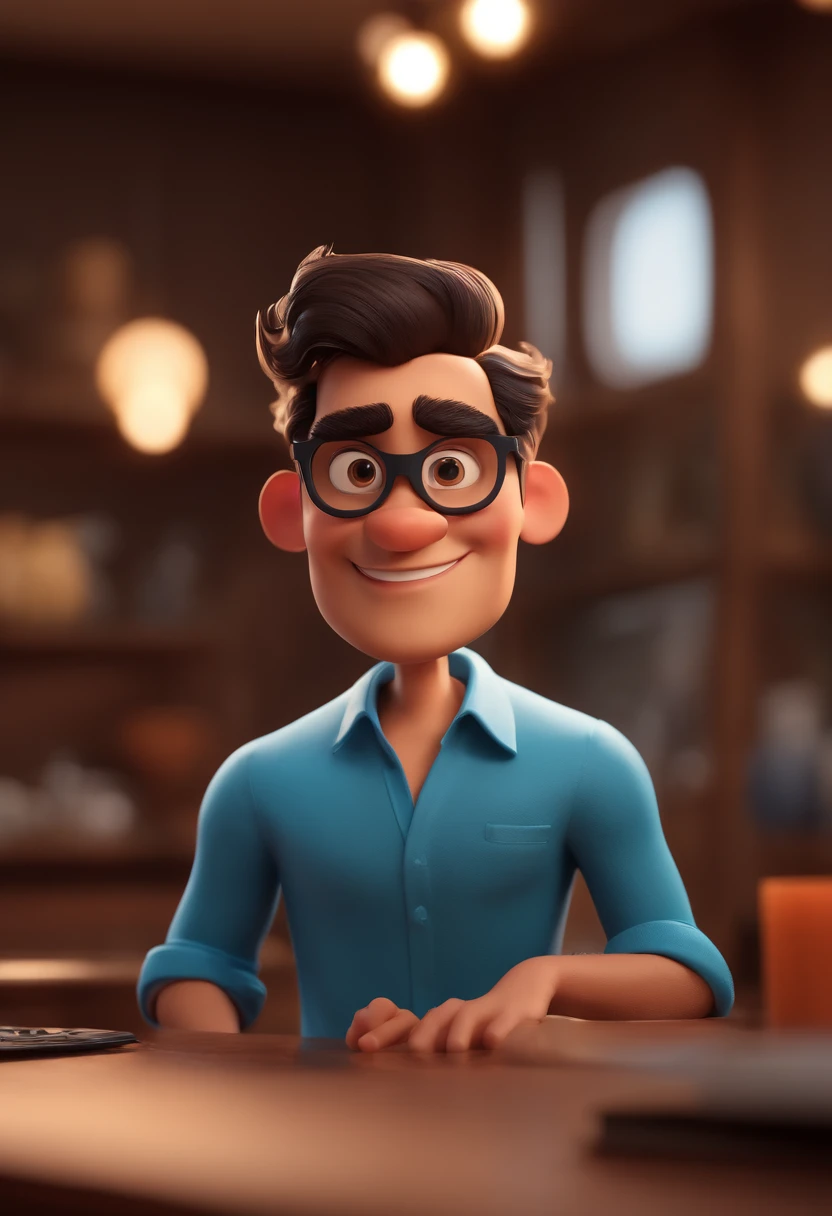 Cartoon character of a man with black glasses and a blue shirt, animation character, Caractere estilizado, animation style rendering, 3D estilizado, Arnold Maya render, 3 d render stylized, toon render keyshot, Personagem 3D, Personagem 3D, 3d rendering stylized, 3 d character render, personagem de desenho animado, Personagem de close up, Pose de personagem,  (Estilo Pixar) (master part:1.2) (Bokeh) (best quality) (pele detalhada) (textura detalhada) (8k) (argila) (Cinematic lighting) (foco nítido