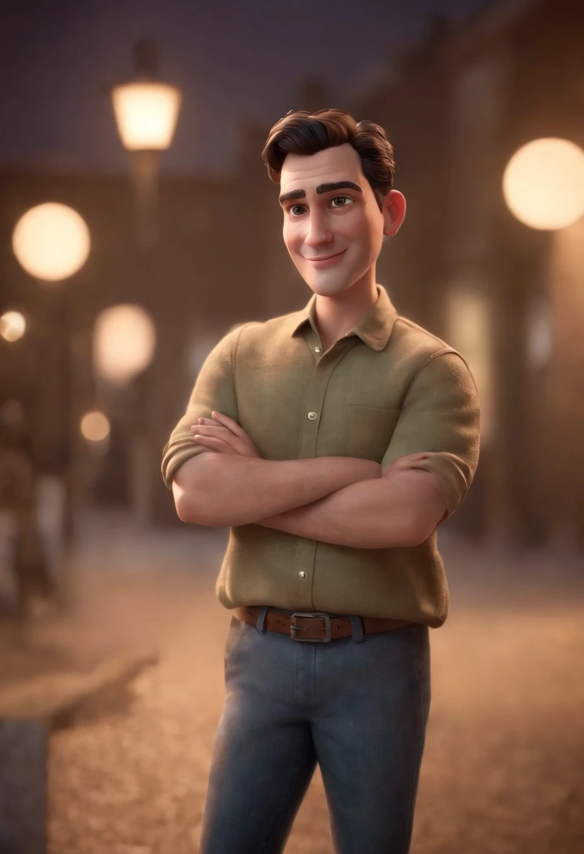 Cartoon character of a man without glasses, baixinho, gordinho, Black hair and medium size, camisa social branca, animation character, Caractere estilizado, animation style rendering, 3D estilizado, Arnold Maya render, 3 d render stylized, toon render keyshot, Personagem 3D, Personagem 3D, 3d rendering stylized, 3 d character render, personagem de desenho animado, Personagem de close up, Pose de personagem,  (Estilo Pixar) (master part:1.2) (Bokeh) (best quality) (pele detalhada) (textura detalhada) (8k) (argila) (Cinematic lighting) (foco nítido
