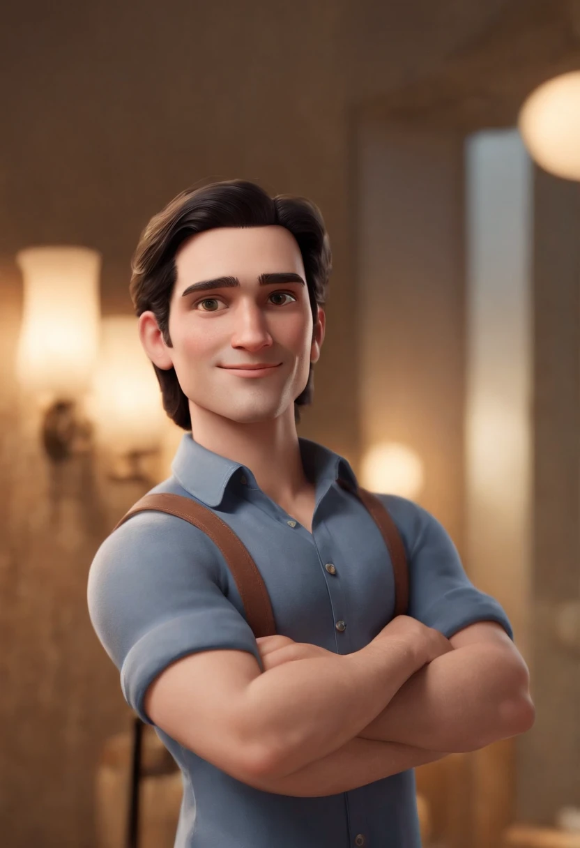 Cartoon character of a man without glasses, baixinho, gordinho, Black hair and medium size, camisa social branca, animation character, Caractere estilizado, animation style rendering, 3D estilizado, Arnold Maya render, 3 d render stylized, toon render keyshot, Personagem 3D, Personagem 3D, 3d rendering stylized, 3 d character render, personagem de desenho animado, Personagem de close up, Pose de personagem, (Estilo Pixar) (master part:1.2) (Bokeh) (best quality) (pele detalhada) (textura detalhada) (8k) (argila) (Cinematic lighting) (foco nítido