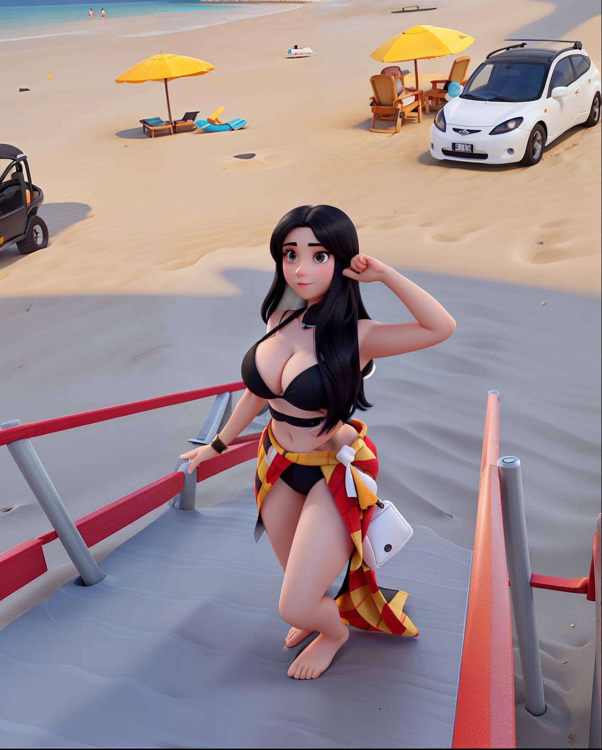 Um longo, Straight black haired white woman with wide face and slightly slanted eyes with structured body with big on a beach in a barefoot bikini
